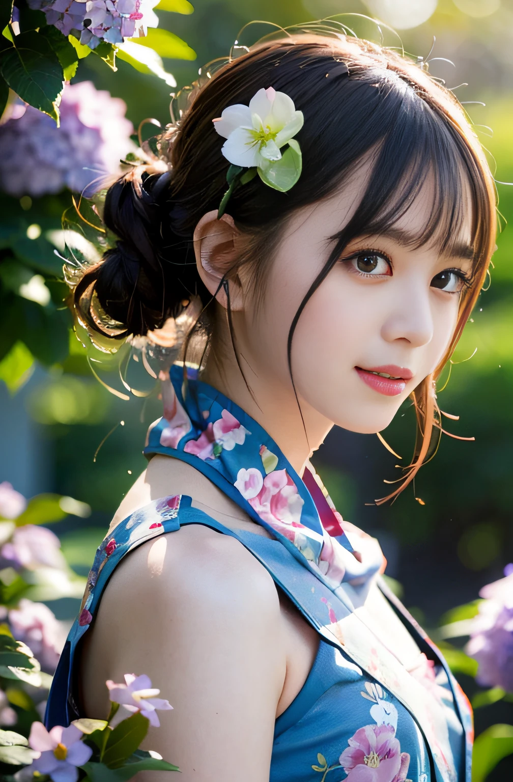 (((Full body photo)),(Sunset backlight))),(Light blue eyeliner),((Lens flare))),(Wearing china clothes in a Chinese garden)),((Super Soft Focus)))), Smiling, (profile)))))), (Looking into the distance)))), Twilight, taking a showerSurrounded by colorful hydrangeas, hydrangeas in the background, ((soft sunset)), (yinchuan:1.5), 巨作, Best quality, OriginalPhoto, Photorealistic, face, Beautiful girl, kawaii, Short hair, (((Depth of field)))), High resolution, Ultra detail, finedetail, Very detailed, Cinematic lighting