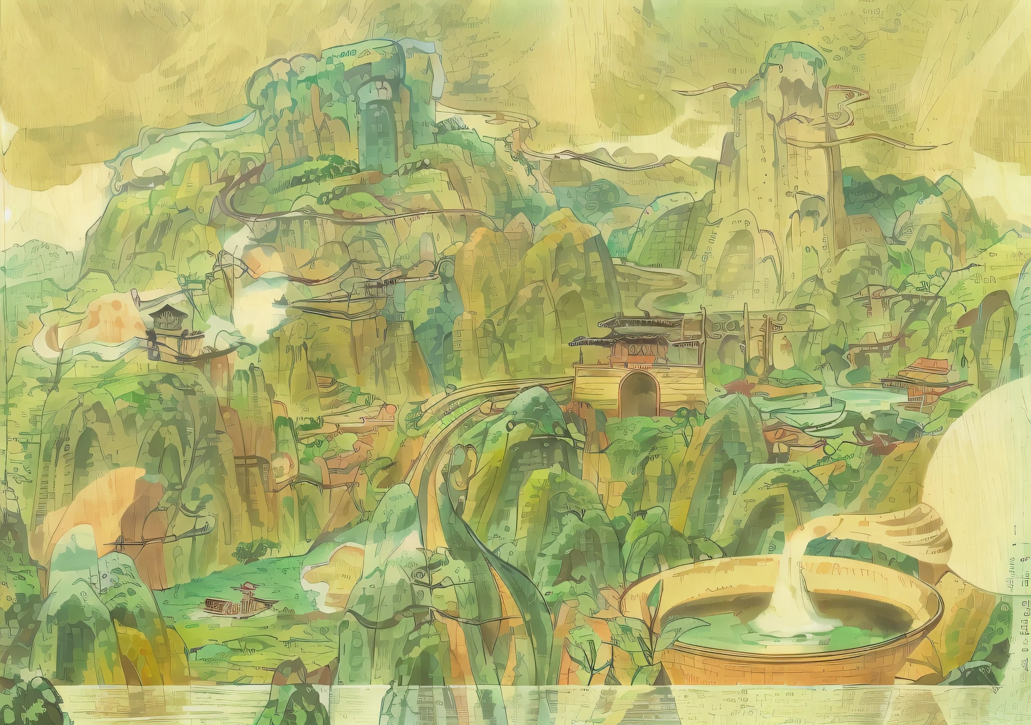 Wuyi Mountain, China,mountain ranges,river stream,ancient buildings, Vivid coloring,Full color, Tea bamboo rafts,A small flow in the landscape。