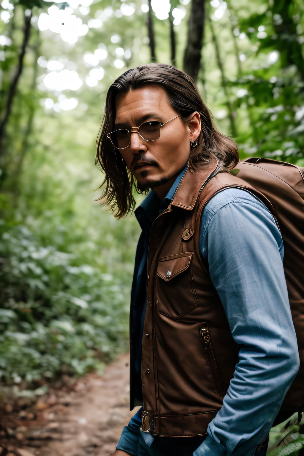 masterpiece, johnny depp walking through jungle at night among fireflies, (high detail:1 1), rough face, natural skin, high quality, nsfw, beautiful eyes, (detailed face and eyes), (face: 1 2), noise, extra, real photo, PSD, lamp film photography, sharp focus, contrast lighting, detailed skin, high resolution 8k, crazy detail, realistic, professional photography, 8k UHD, SLR camera, soft lighting, high quality, film grain, Fujifilm XT3