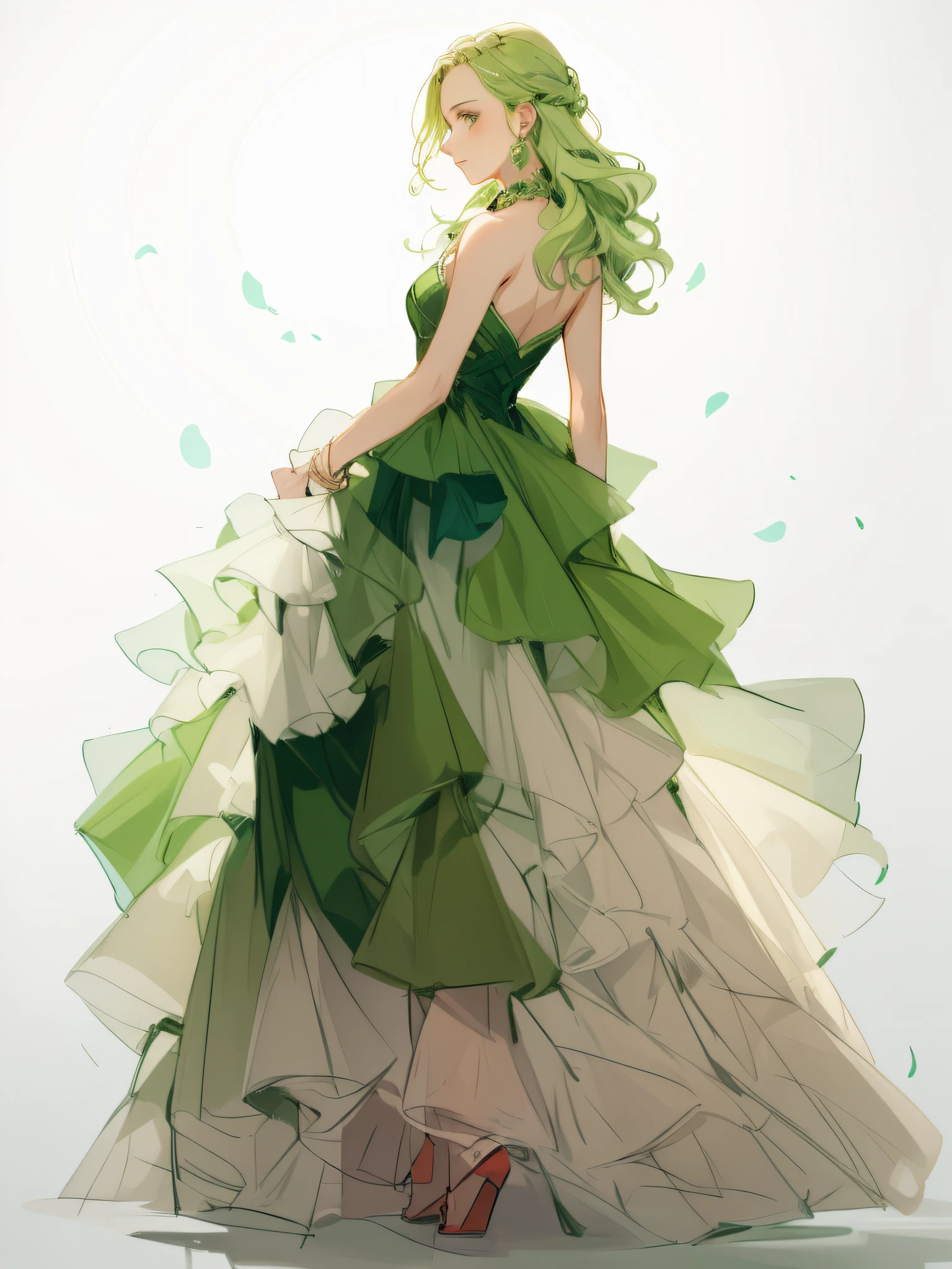 A drawing of a woman in a green dress with a train, style of charlie bowater, in style of charlie bowater, Wearing a flowing green dress, detailed dress and face, Loli in a green dress, Wearing a gorgeous green dress, detailed fashion illustration, beautiful drawing style, flowy dress, sketched, charlie bowater art style, wearing elegant dress, girl in a dress