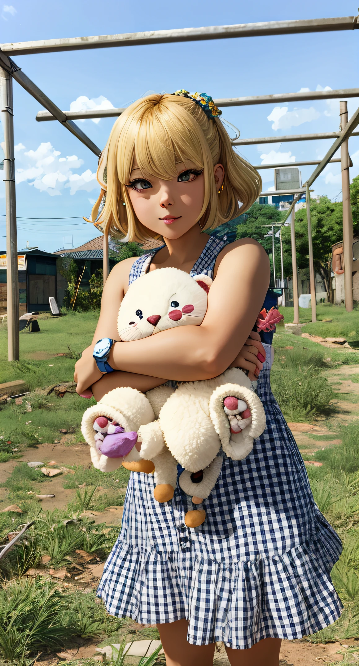 anime style, cartoon style, cute girl short yellow hair, 8k artgerm bokeh, cinematic pastel lighting, hyper-realistic cyberpunk style, anime style mixed with fujifilm