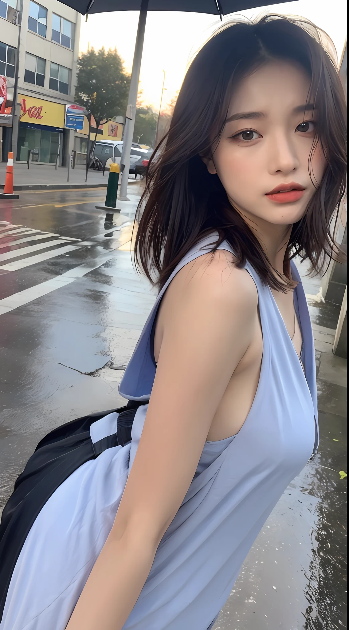 ((Best Quality, 8k, Masterpiece:1.3)), Focus:1.2, Perfect Body Beauty:1.4, Buttocks:1.2, ((Layered Haircut, Breasts:1.2)), (Wet Clothes:1.1) , (Rain, Street:1.3), Occupation:1.1, Highly detailed face and skin texture, Fine eyes, Double eyelids, Whitened skin, Long hair, (Shut up: 1.3)