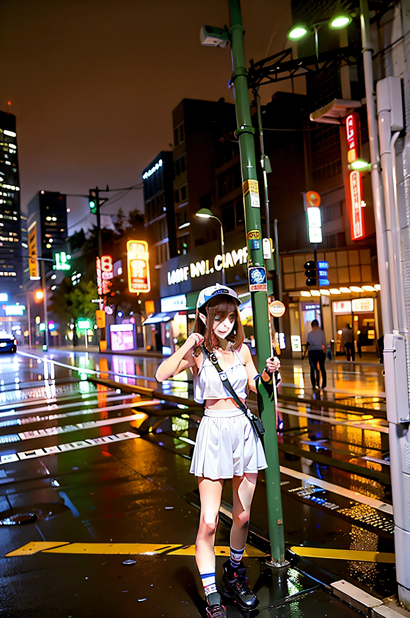 street pic, in city street at night, in city street,White top，redheadwear，Delicate facial features，lovly，Anime comic style