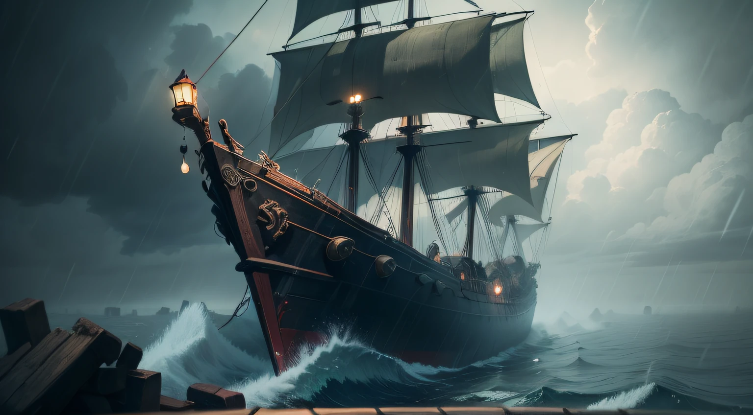 In the storm,On the deck of a wooden pirate ship,Broken,Heavy fog