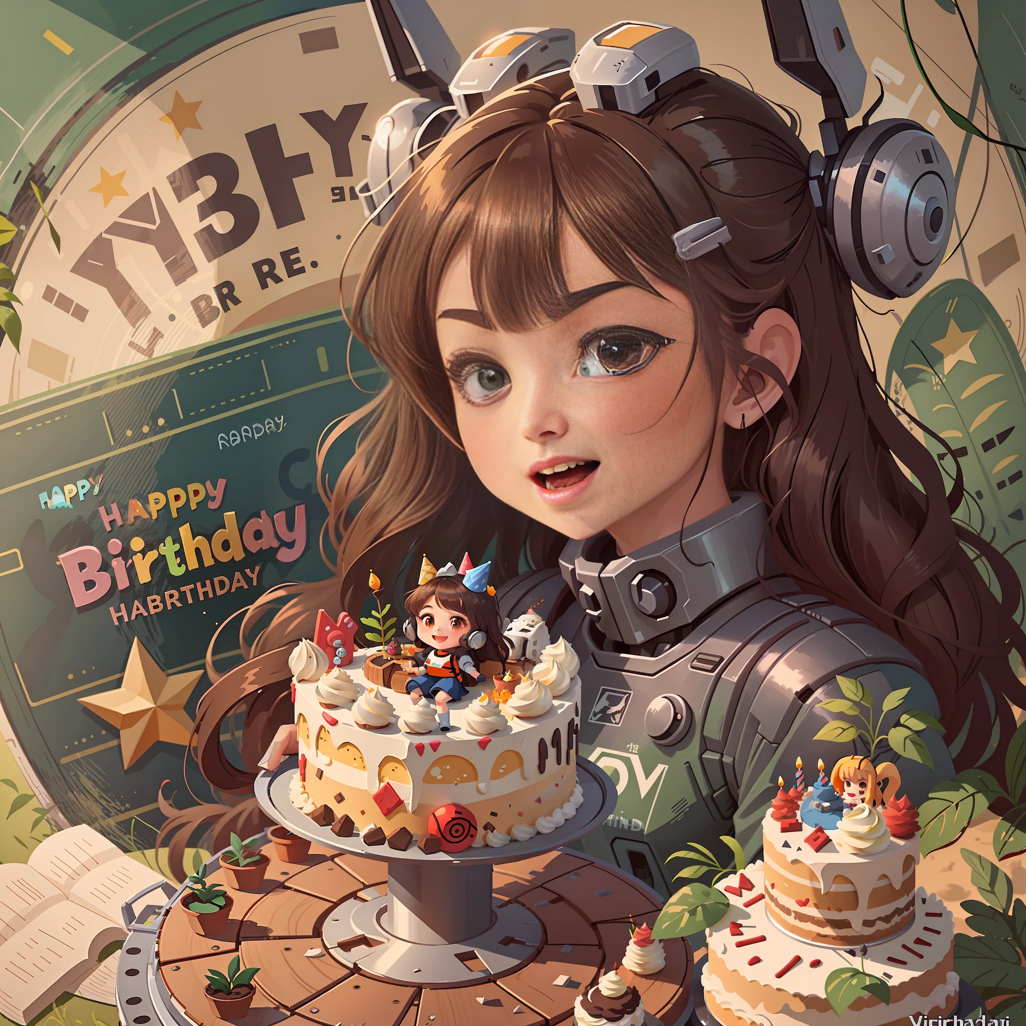 A girl with long hair in a mecha，birthday cake，happy birthay，plant，potted，O logo，vector，line art，designs，Inspiration，straight line，symetrical