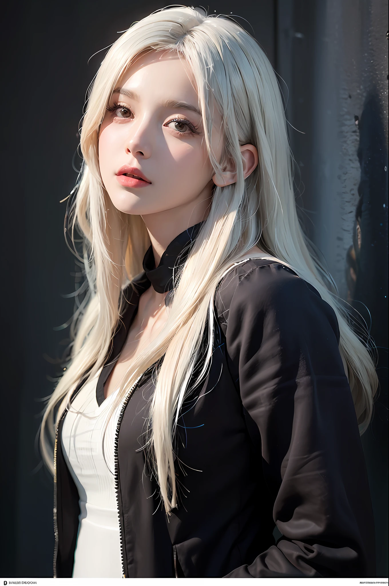 (in the dark:1.6), Hyperrealist portrait of female by david hockney and alphonse mucha,fantasy art, photo realistic, dynamic lighting, artstation, poster, volumetric lighting, very detailed faces, 4 k, award winning,, 1girl, in the dark, deep shadow, low key,cowboy shot,(official clothing:1.4) ,long hair,white hair,