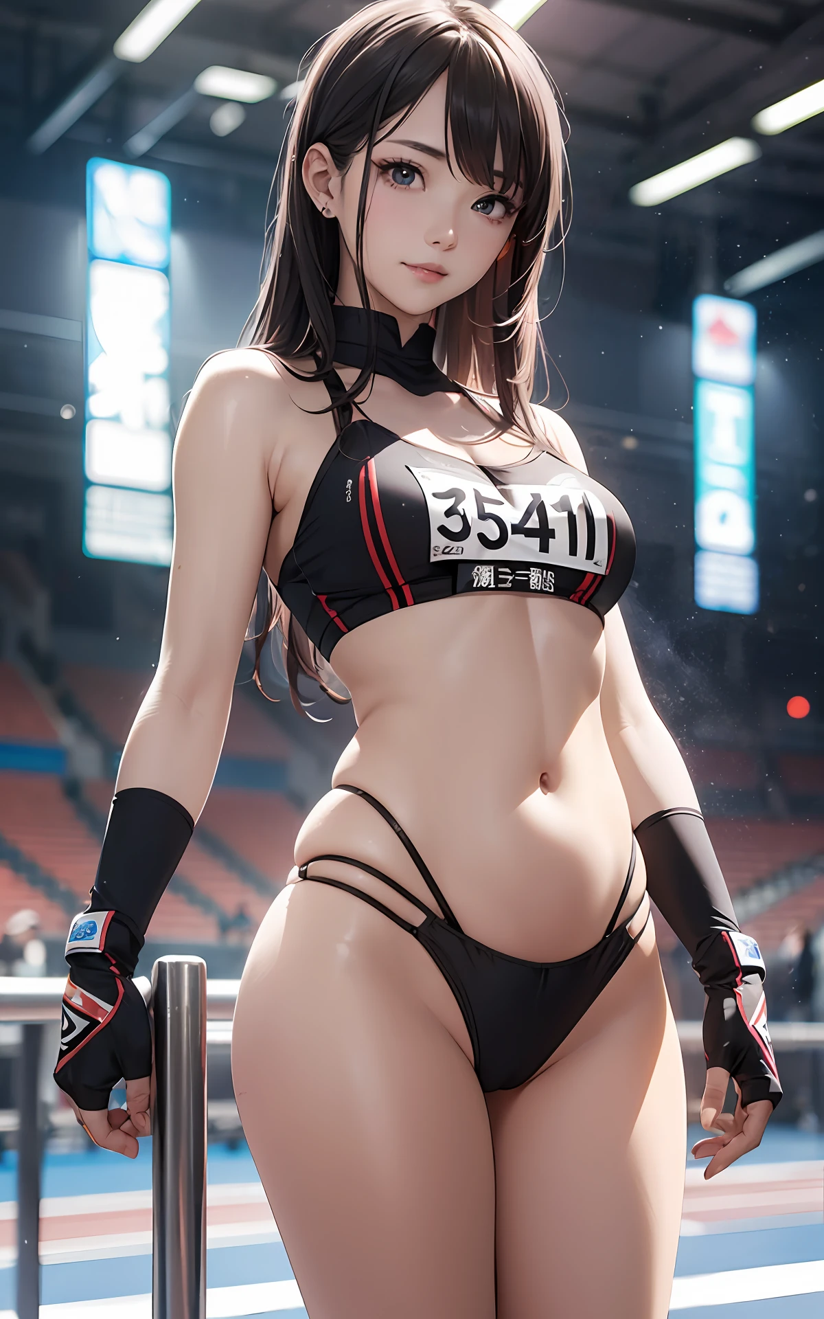 (Original Character、Unity 16K Wallpaper, Maste Piece, Best Quality, Ultra-detailed, extremely details CG, Caustics, Cinematic lighting, Detailed, Beautiful detailed eyes, Solo), Fine skin, (track and field:1.2) 、(strong lights)、Oily skin,Smile , front from:1.2、(Sexy Women)、arena、Full body shot、Separate、Racing Bloomers、show off belly,show off neck,Clear Day、（Constriction、Brown-eyed、eye liner）、（Oiled skin, shining skin、high gloss skin、Professional lighting）