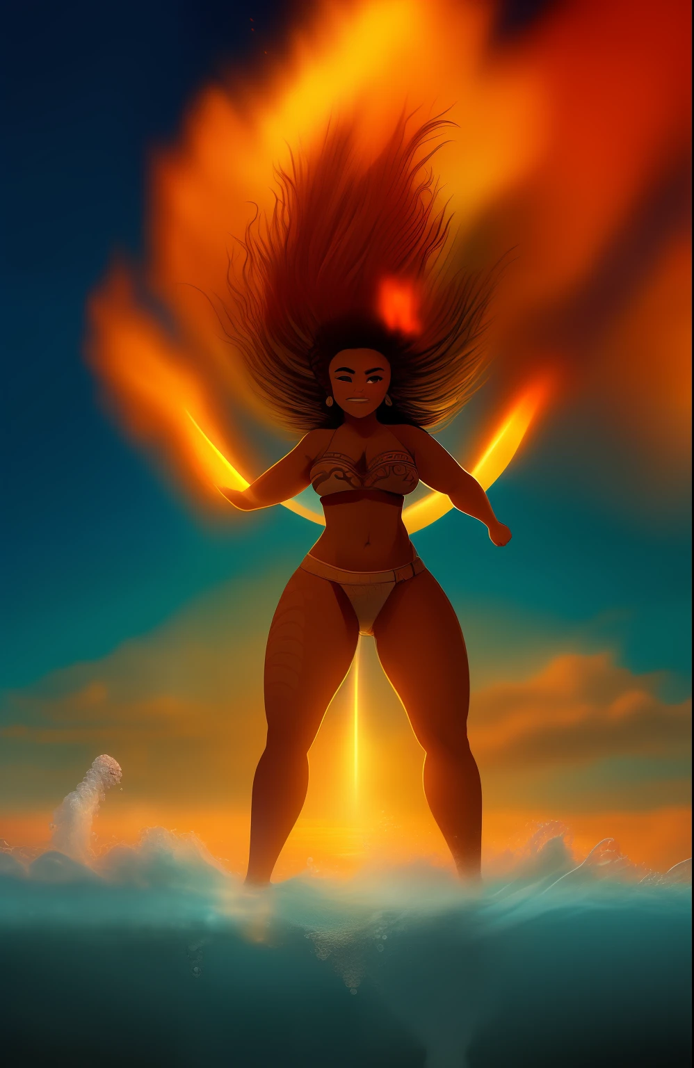 epic movie poster, volcano erupting, award winning (full body:1.3) portrait photo of a (moana:1.2), (seashell bikini:1.2), (water goddess:1.2), tribal tattoos, (wading:1.2) in the pacific (ocean:1.1), arms behind head, (partially submerged shot:1.2), (waves:0.9), desert island background, palm trees, beach,fluffy clouds in the sky, outrun, vaporware, trending on artstation, highly detailed, fine detail, intricate, (lens flare:0.9), (backlighting:0.9), (bloom:0.9), [Style-Micro::10]