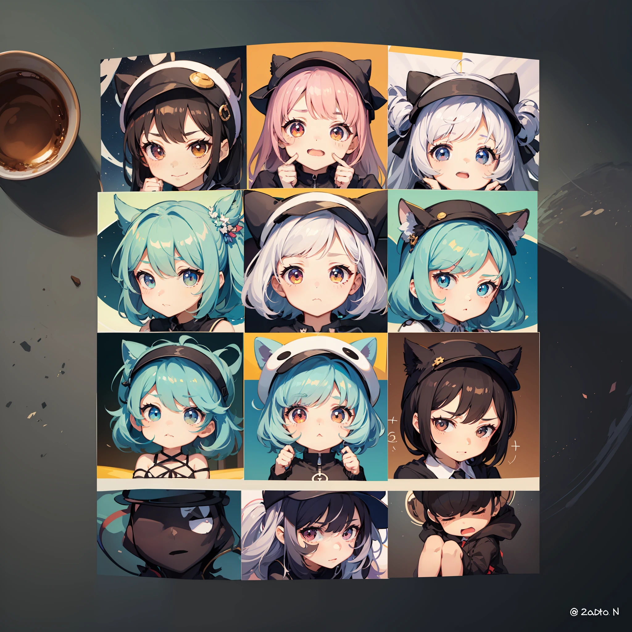 one very cute girl, chibi, chibi character, deformed among many chicks with lazy expressions