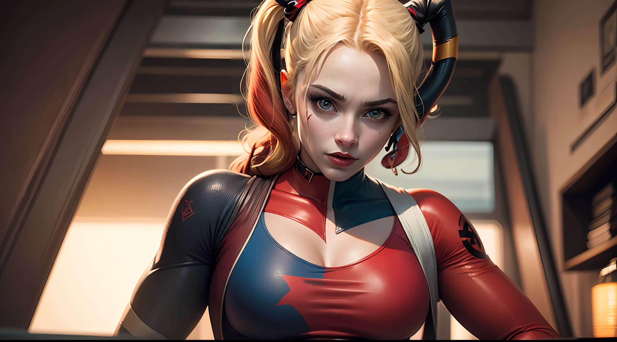 best quality, detailed 4K picture, cinematic and realistic representations of the iconic DC character - Harley Quinn. She is a sexy ripped suit that accentuates her curves and adds a touch to her persona. --auto