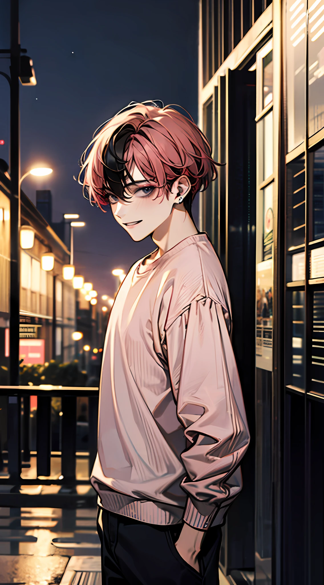 ((masterpiece)), best quality, ultra-detailed, floating, high resolution, (1 boy), grey eyes, (pink hair|black hair), short hair, pink clothes, piercings, smile, Androgyne, night walk makeup, Casual clothing
