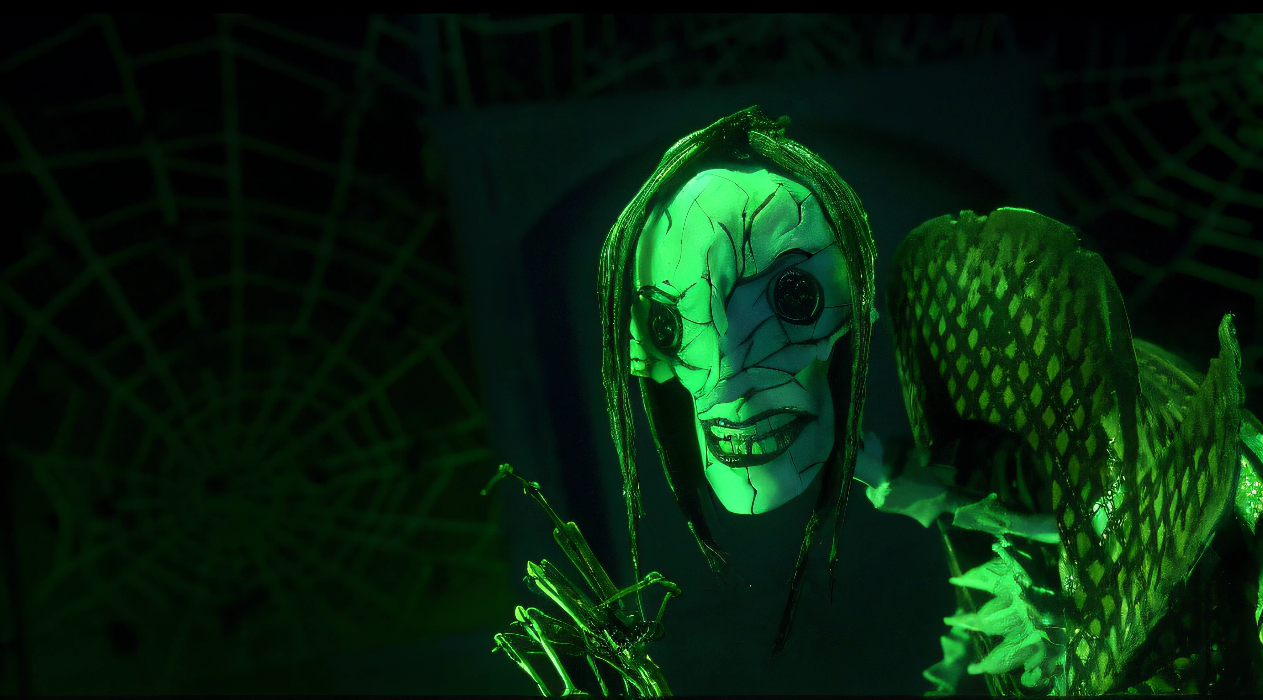 arafed man with a creepy face and a bird on his shoulder, the'other mother'from'coraline ', chris cunningham, giger spider joker, still from animated horror movie, batman forever 1 9 9 5, movie screencap, shrek as neo from the matrix, as a claymation character, the green goblin, mad monster party film --auto