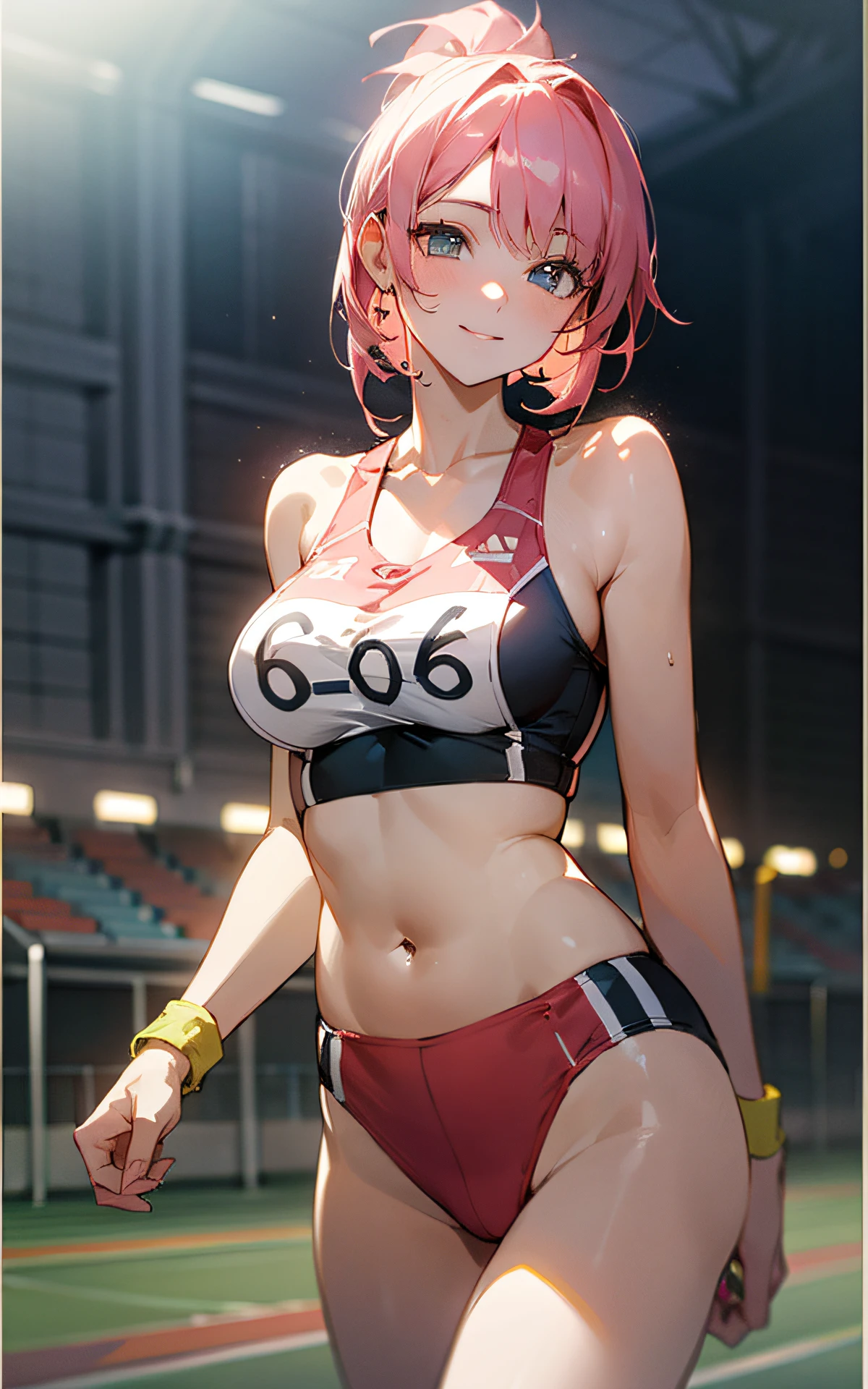 (Original Character、Unity 16K Wallpaper, Masterpiece, Best Quality, Ultra-Detailed, Extremely Detailed CG, Caustics, Cinematic Lighting, Detailed, Beautiful Detailed Eyes, solo), Ultra High Resolution, fine skin, (track and field:1.2) 、(strong light)、oily skin,smile , from front:1.2、(sexy women)、Arena、full body shot、separate、racing bloomers、show off belly,show off neck,sunny day、cowboy shot,pink hair
