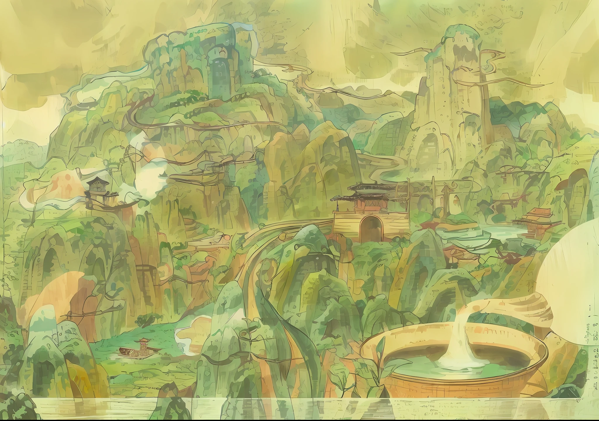 Wuyi Mountain, China,mountain ranges,river stream,ancient buildings, Vivid coloring,Full color, Tea bamboo rafts,A small flow in the landscape。