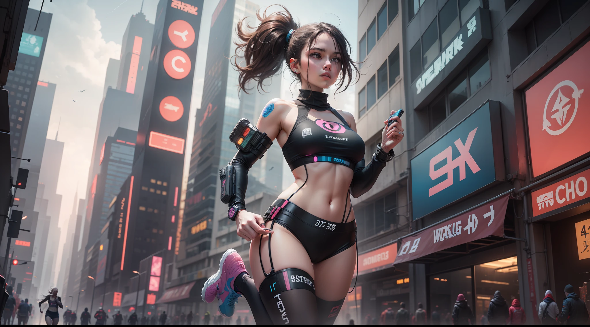 running girl in cyberpunk world