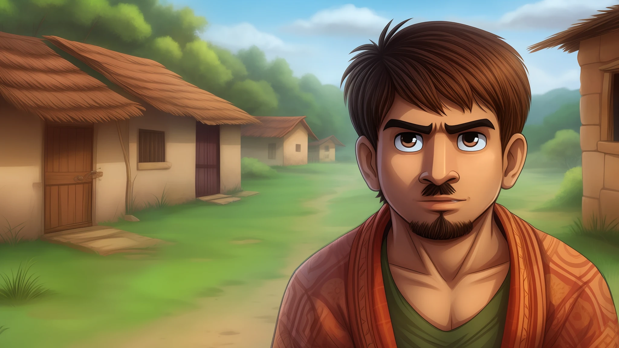 A indian young poor man in village in cartoon