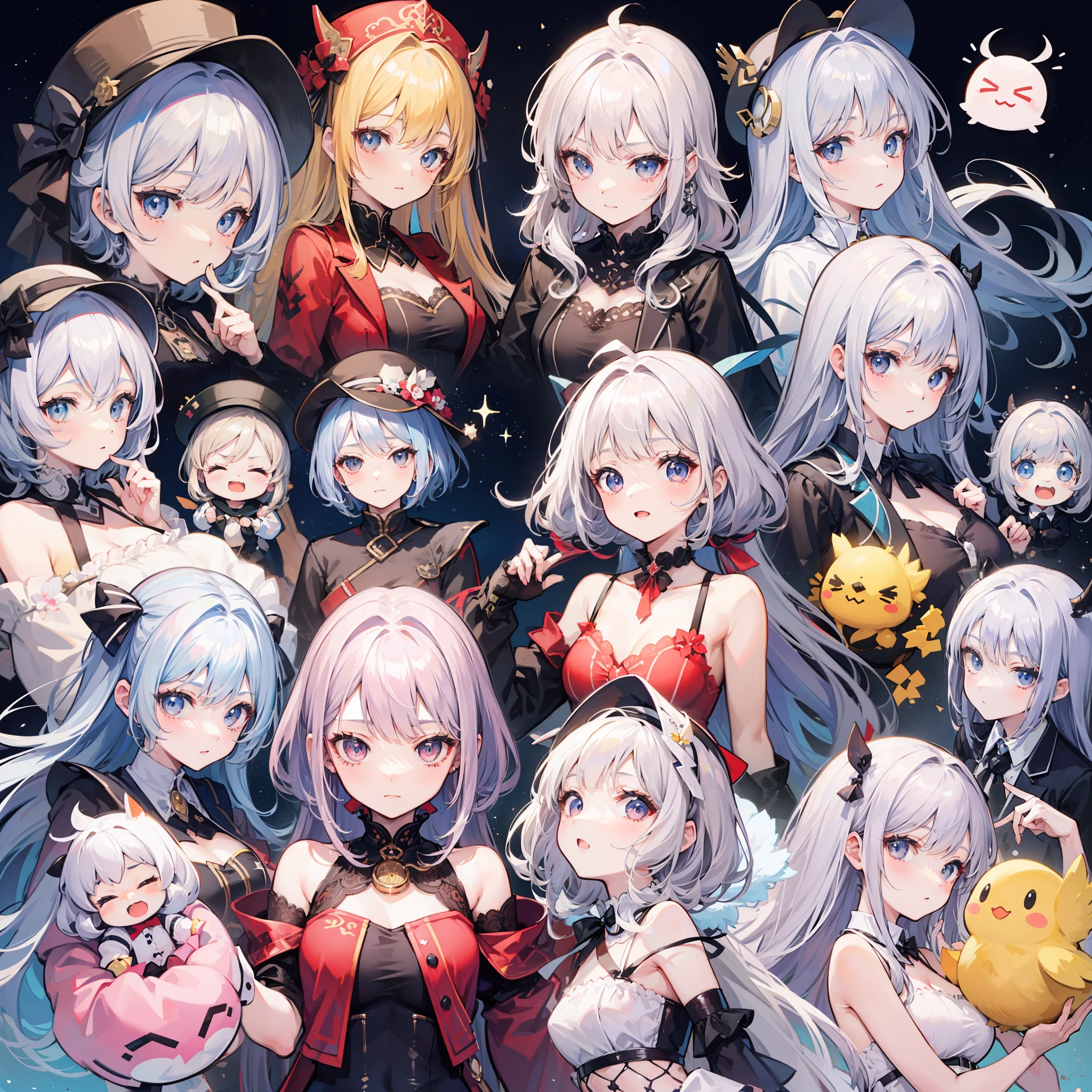 one very cute girl, chibi, chibi character, deformed among many chicks with lazy expressions