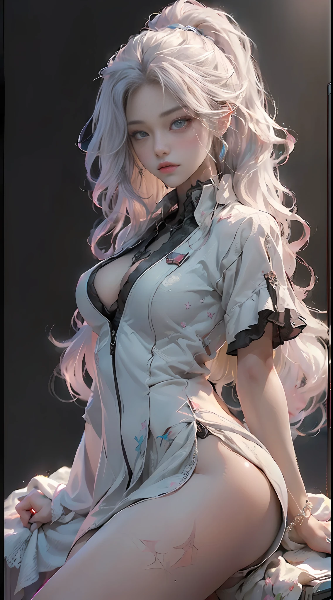 (Best Quality), ((Masterpiece), (Detail: 1.4), 3D, A Beautiful Cyberpunk Woman, HDR (High Dynamic Range), Ray Tracing, NVIDIA RTX, Super-Resolution, Unreal 5, Subsurface Scattering, PBR Textures, Post-Processing, Anisotropic Filtering, Depth of Field, Maximum Sharpness and Clarity, Multi-layer Textures, Albedo and Highlight Maps, Surface Shading, Accurate simulation of light-material interactions, perfect proportions, Octane Render, two-color light, large aperture, low ISO, white balance, rule of thirds, 8K RAW, realistic, (dignified fluff, perfect proportions, bright eyes, light makeup, big black eyes, pink and moist lips), white hair, big black eyes, cold storage, sharp eyes, flowers, (masterpiece, realistic, high resolution), ((1 girl): 1.2), ((white wavy long hair): 1.3), (business suit, office documents, sitting at desk, playing with mobile phone), ((big breasts): 1.5, thin waist: 1.2, strangled thighs: 1.3, fair and moist skin)