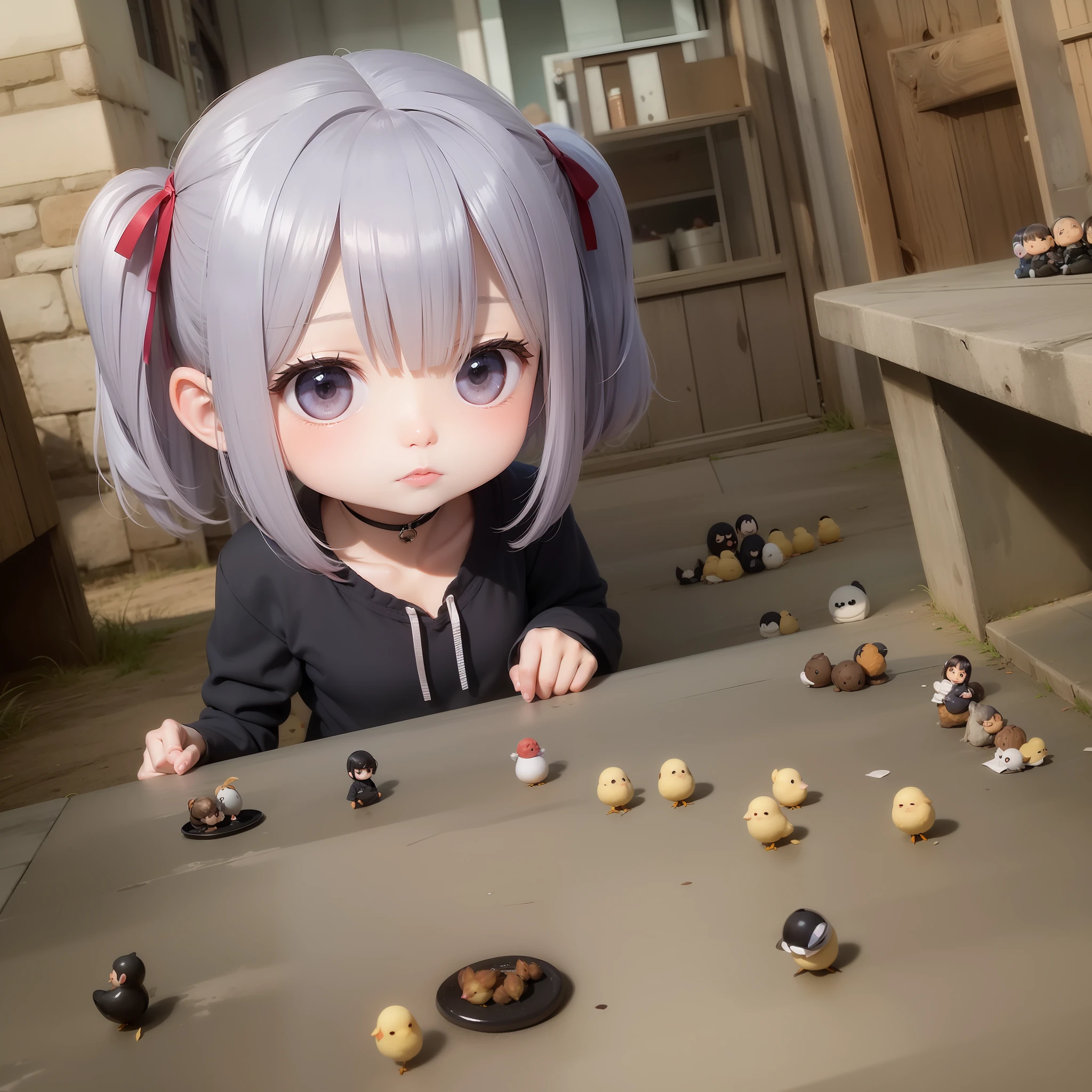 one very cute girl, chibi, chibi character, deformed among many chicks with lazy expressions