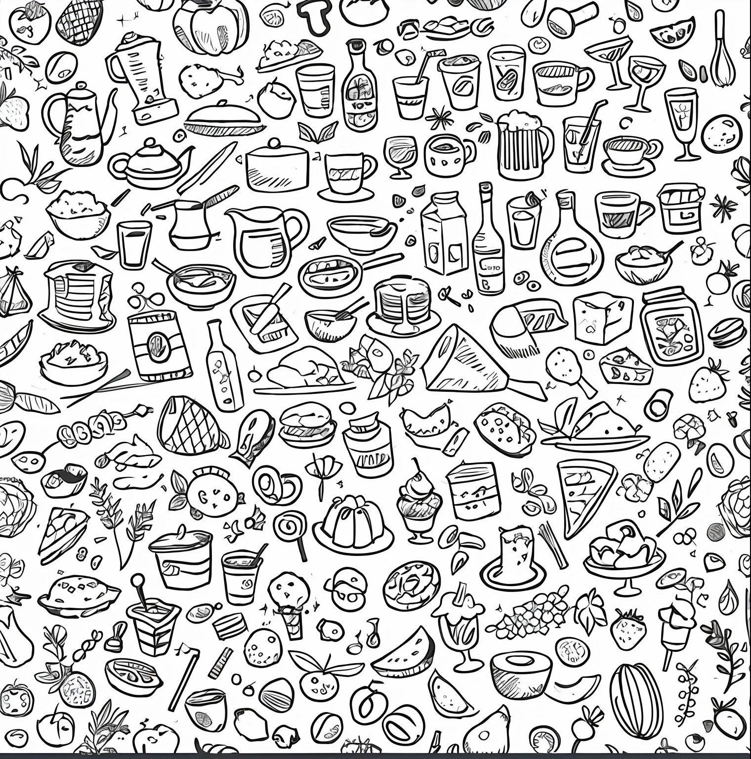 a black and white doodle of food and drinks, line - art, doodle hand drawn, vector art illustration, line art, 4k, kitchen background, sketch black and white colors, black and white vector art, doodle art, food, cuisine, line art illustration, black line art, seamless pattern design, coloring book outline