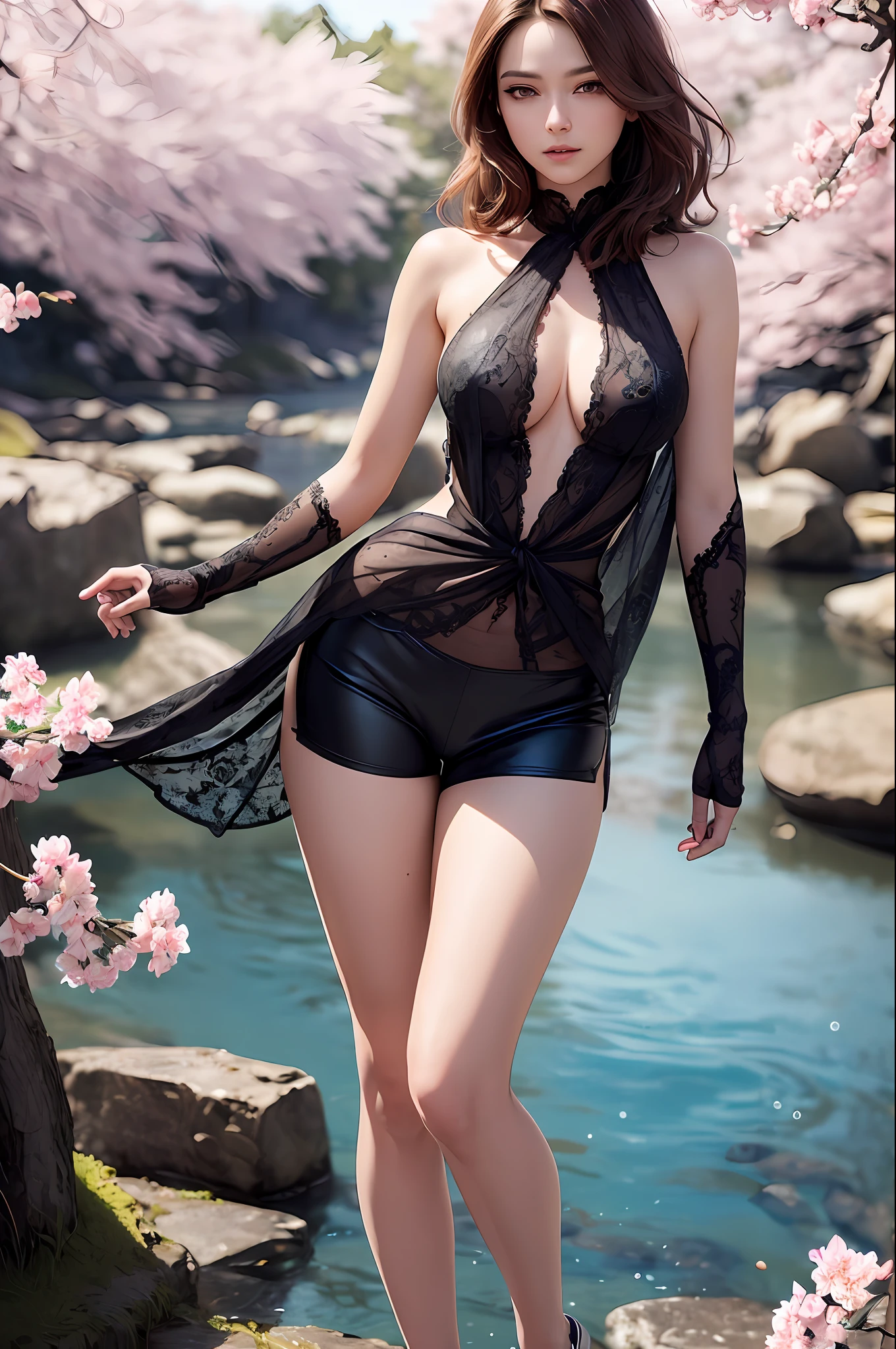 high quality fingers, normal hands, detailed fingers, masterpiece, (realistic, photo-realistic: 1.37), (22-year-old woman), katarina from League of Legends, medium chest, small waist, dark red hair, blue eyes, beautiful face, perfect lighting, beautiful detailed eyes, looking at the viewer, incredibly beautiful woman, detailed hairstyle, detailed background, shorts, detailed fantasy background, (sweat: 1)(best quality),  oriental detailed background, (masterpiece), (best quality), girl, ((ultra-detailed)), (highly detailed CG illustration), (no expression), (best quality: 1.2), masterpiece, realistic8K UHD, high definition, (1girl: 1.2), high quality texture, intricate details, detailed texture, finely detailed, high detail, extremely detailed cg, high quality shadow, a realistic representation of the face, beautiful detailed delicate face, detailed beautiful delicate eyes,  a face of perfect proportion, depth of field, cinematic light, lens flare, ray tracing, perspective, hyper breasts: 1.9), (sagging breasts: 1.6), (high_quality), [nsfw], distinct_image, high_resolution, (full body: 1.4), [[dynamic angle]], dynamic pose, (lustrous skin), solo focus, (pubic hair), (finely detailed beautiful eyes and detailed face: 1.4), arm behind the back, (detailed face),  (striated hair), light source contrast, lens flare, buzzcut, hair_over_one_eye, wilted look, long hair, pa, masterpiece: 1.7, (high_quality dress and innerware), solo focus,[[colored_innerwear]], (full body: 1.3), [[dynamic angle]], dynamic pose, (pubic hair), (finely detailed beautiful eyes and detailed face: 1.2), beautiful, beautiful detailed eyes, (striated hair), hair_over_one_eye:1.1,  (detailed background) , wide shot, pastel, a girl, forest, spring \ (season\), cherry blossoms, wind, leaf, river, stone, brightness, bright ,