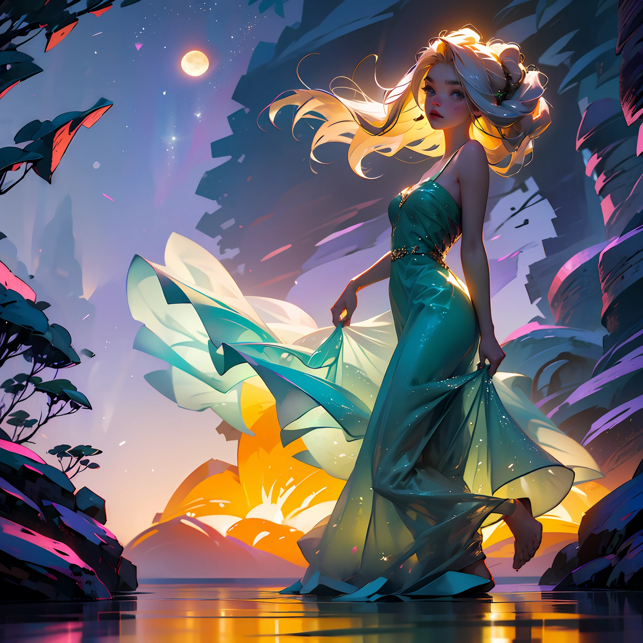masterpiece, best quality, ultra-detailed CG unity 8k wallpaper) + (Prompt B: high resolution, beautiful, blonde hair, beauty mark, elegant dress) + (Prompt C: water, sparkling, waves, reflection, sunset) + (Prompt D: mysterious, enchanting, dark forest, purple flowers, moon)
[Style Mixing: (Prompt A: 1.0), (Prompt B: 0.8), (Prompt C: 0.6), (Prompt D: 0.4)] --auto