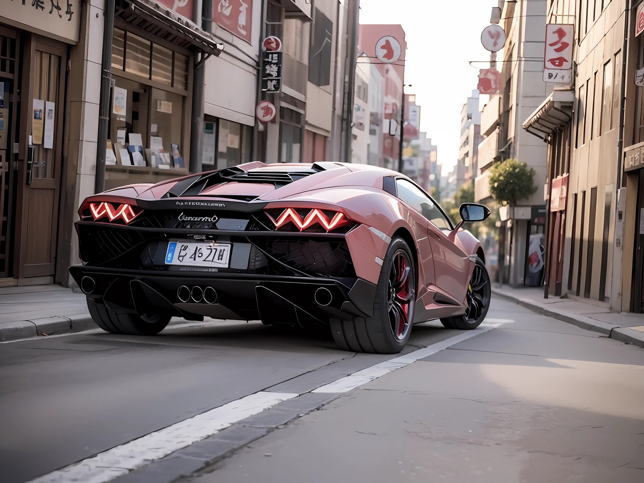 blackpink girl with katana and pink hair,lamborghini in the background of a japanese city,