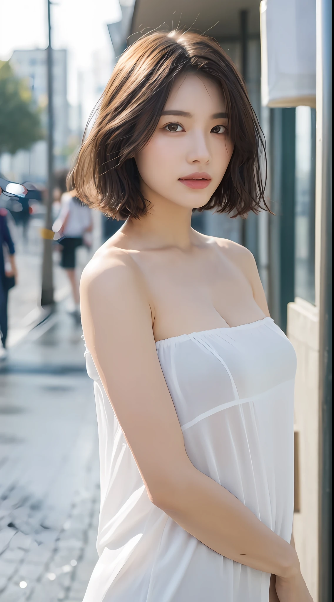 ((Best Quality, 8K, Masterpiece:1.3)), Focus: 1.2, Perfect Body Beauty: 1.4, Buttocks: 1.2, ((Layered Haircut, Breasts: 1.2)), (Wet Clothes: 1.1) , (Rain, Street:1.3), Bandeau Dress: 1.1, Highly Detailed Face and Skin Texture, Delicate Eyes, Double Eyelids, Whitened Skin, Long Hair