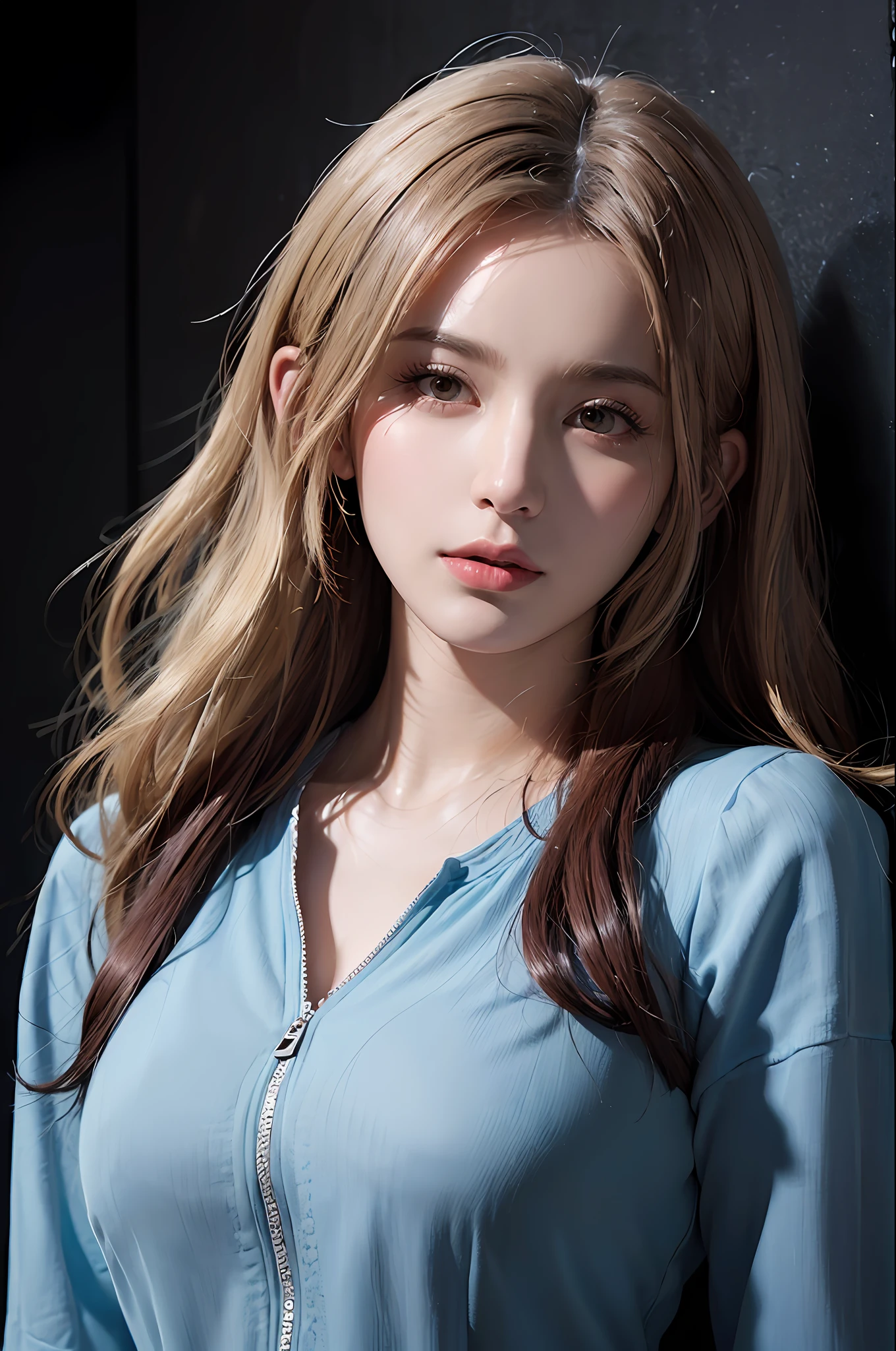 (in the dark:1.6), Hyperrealist portrait of female by david hockney and alphonse mucha,fantasy art, photo realistic, dynamic lighting, artstation, poster, volumetric lighting, very detailed faces, 4 k, award winning,, 1girl, in the dark, deep shadow, low key,cowboy shot,(official clothing:1.4) ,long hair,white hair,