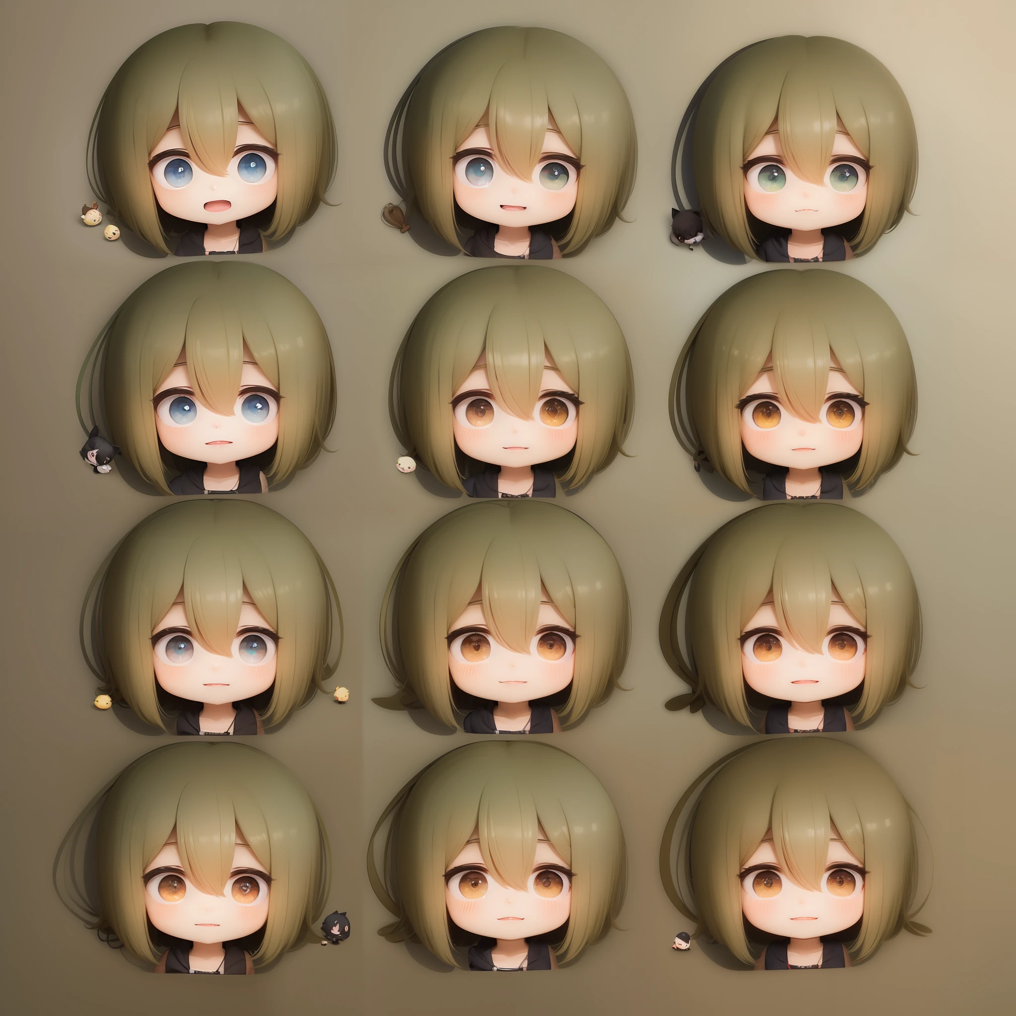 one very cute girl, chibi, chibi character, deformed among many chicks with lazy expressions