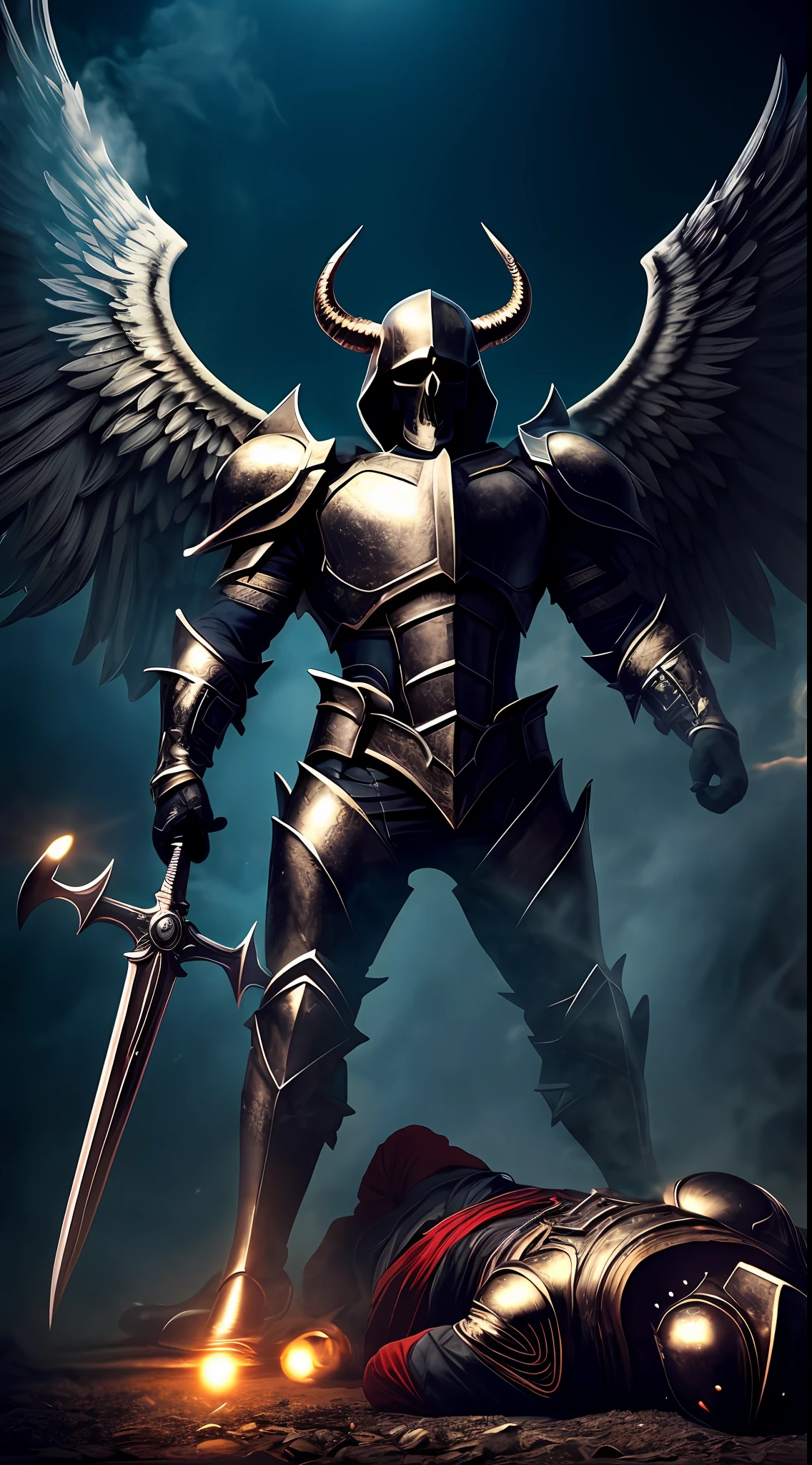 Archangel Michael in battle against Demon Lucifer lying on the ground in Style-RustMagic, Chrome Angel Armor, Implantes, Horned Lucifer Skull, (atmosfera oscura: 1.2), (niebla y humo), (noche oscura: 1.3 ), Cicatrices , (cabello oscuro despeinado de longitud media: 1.1), (sombra de ojos: 1.1), (Brillo bellamente detallado: 1.2), (movie lighting), Detalles intrincados, High resolution, ojos redondeados, Detailed facial features, sharpen focus, Suave, aesthetic, Detailed dark industrial factory background, Pose elegante, dynamic pose, (dramapaint), (OPT-6000:0.9)