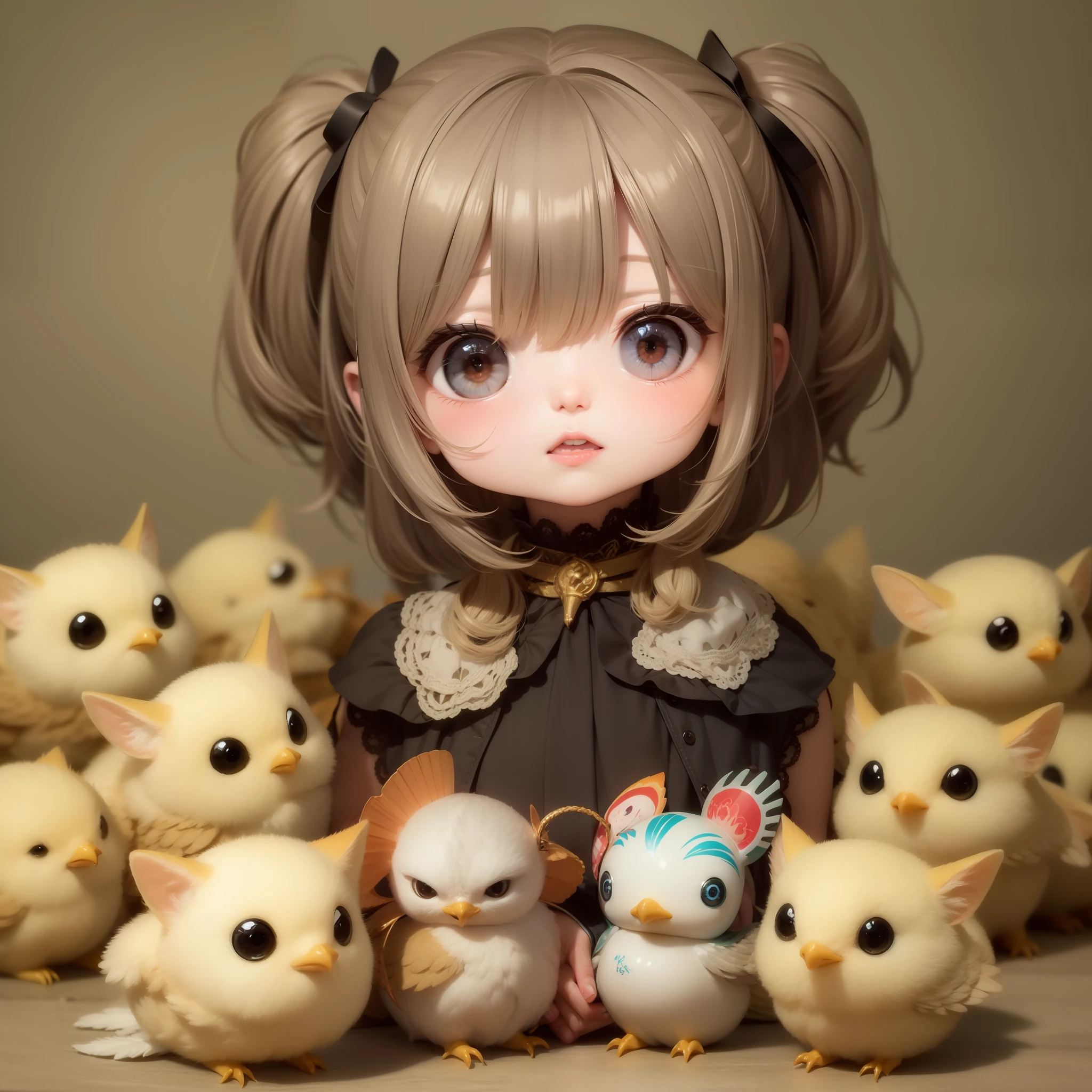 one very cute girl, chibi, chibi character, deformed among many chicks with lazy expressions