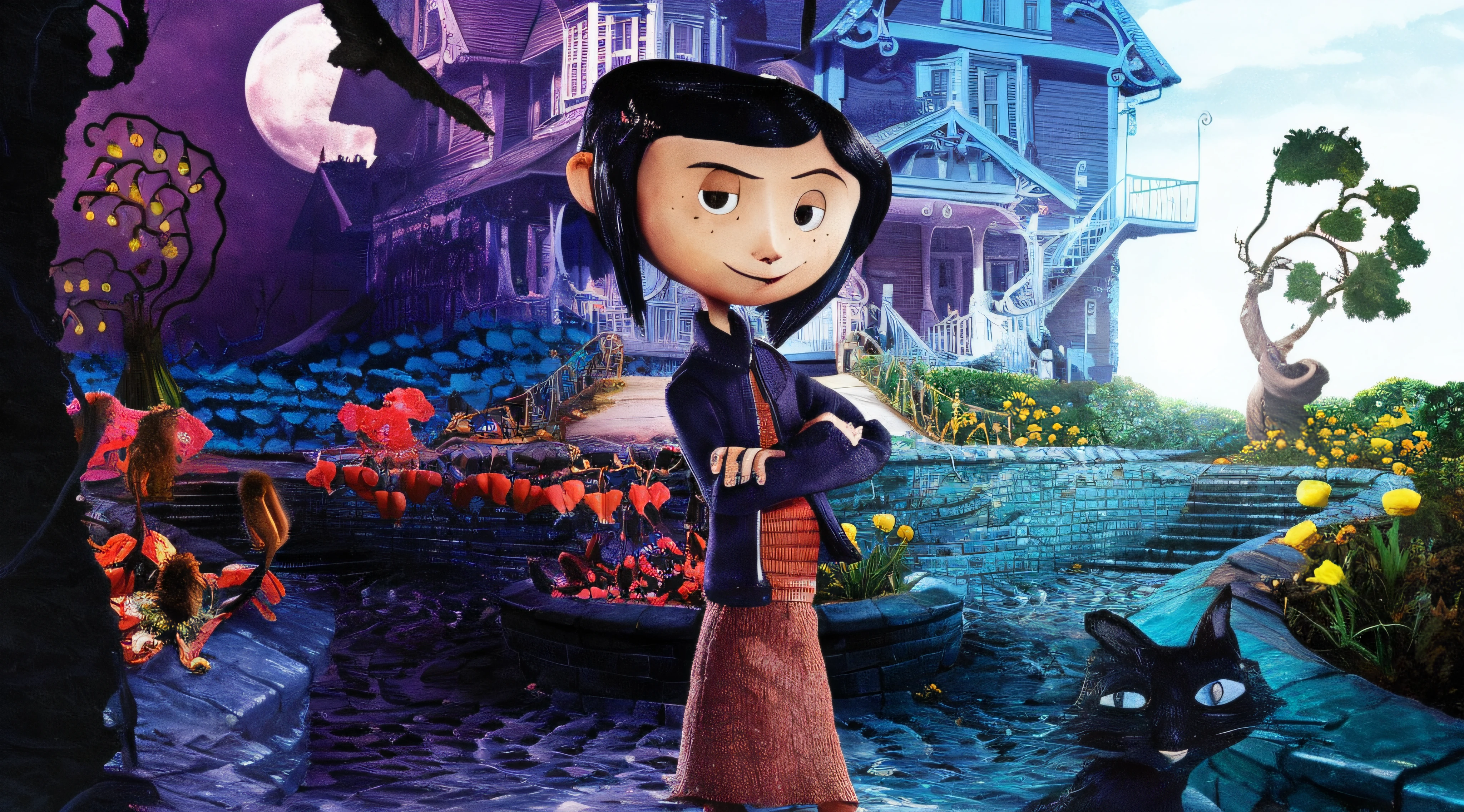 cartoon character with a cat in front of a house with a full moon, coraline, the'other mother'from'coraline ', laika films, movie promotional image, in a tim burton movie, animated film, laika, animated movie, movie character, animated movie still, alita, kubo and the two strings, official art --auto