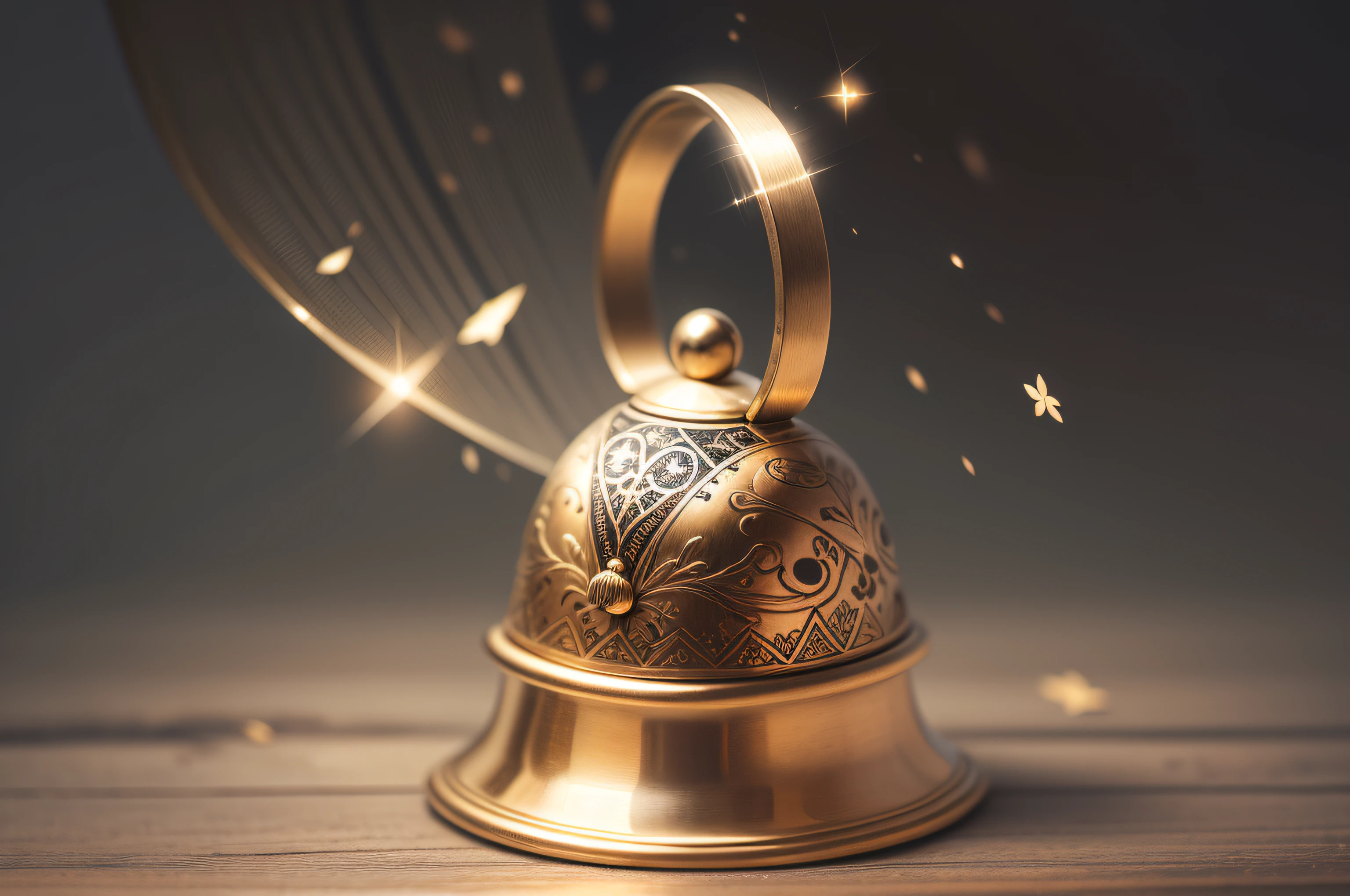 an elegantly crafted hand bell, feito de um metal dourado brilhante. Its handle is adorned with intricate musical symbols and its surface has celestial inscriptions that seem to dance with the light.