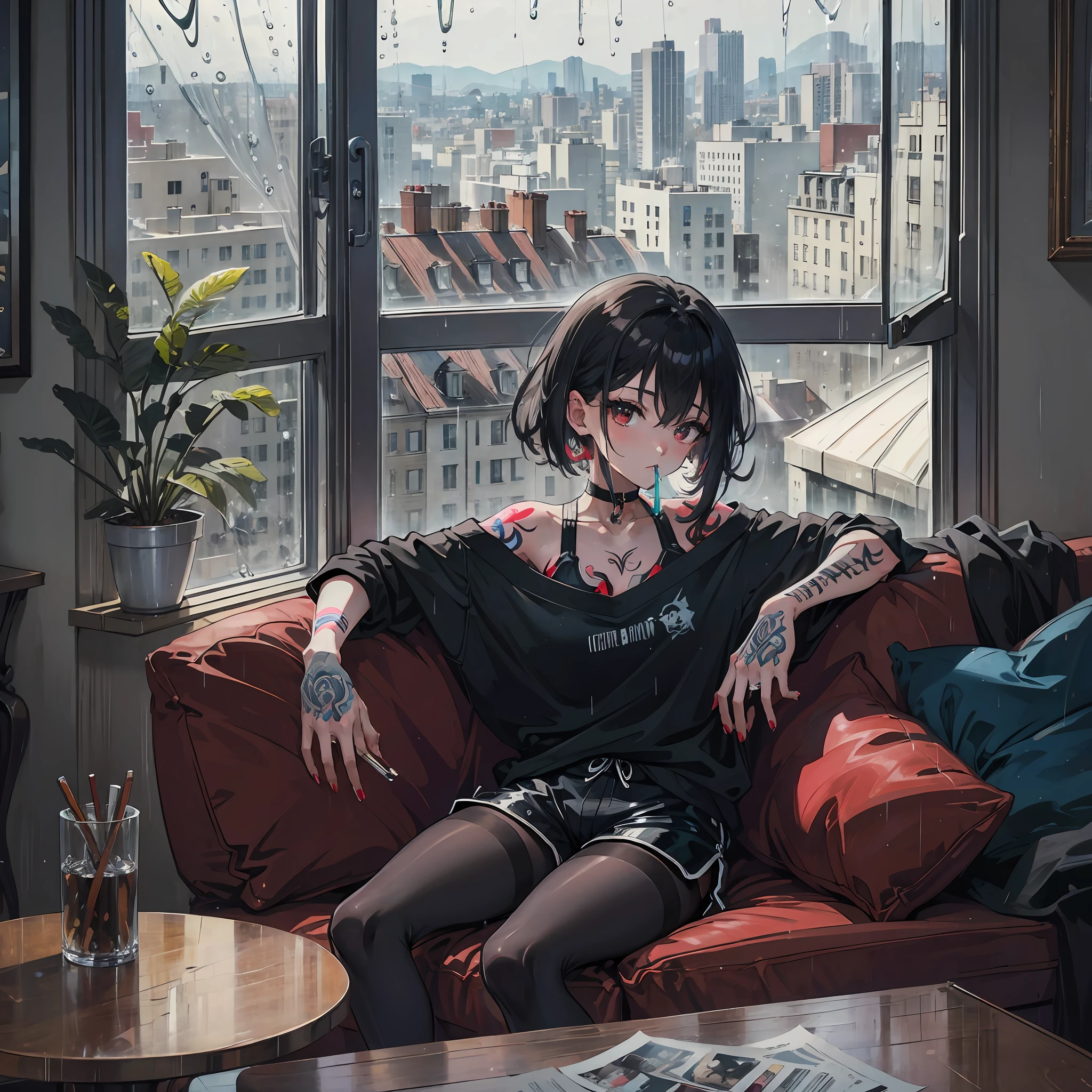 An anime girl in a black sweatshirt and short shorts who is wearing black pantyhose with red and a choker around her neck, And she's sitting on the couch in a hotel with a nice view of the window where outside it's raining and she's got a cigarette in her mouth and has several tattoos on her arms and neck and has short black hair and fingernails are painted red --auto