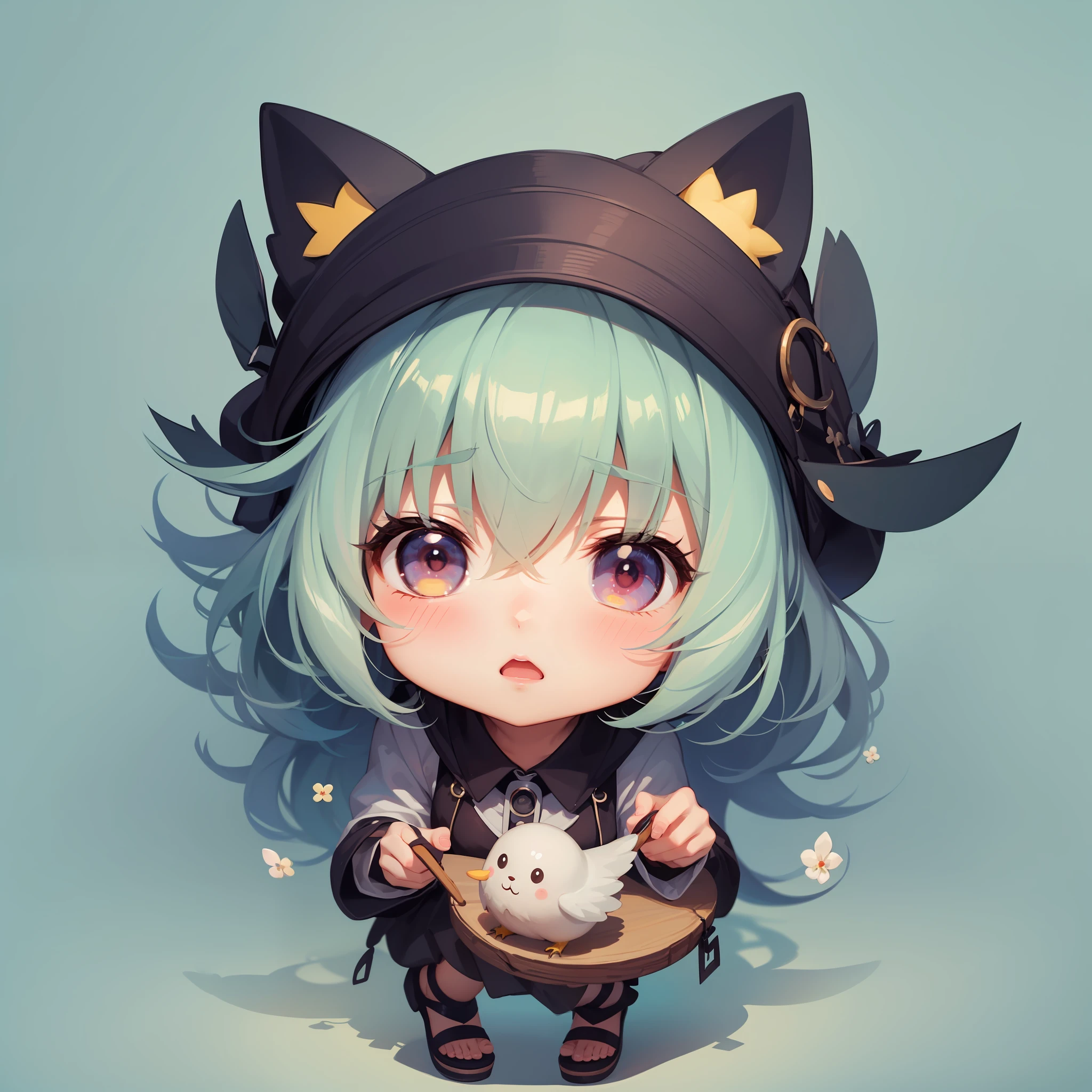 one very cute girl, chibi, chibi character, deformed among many chicks with lazy expressions