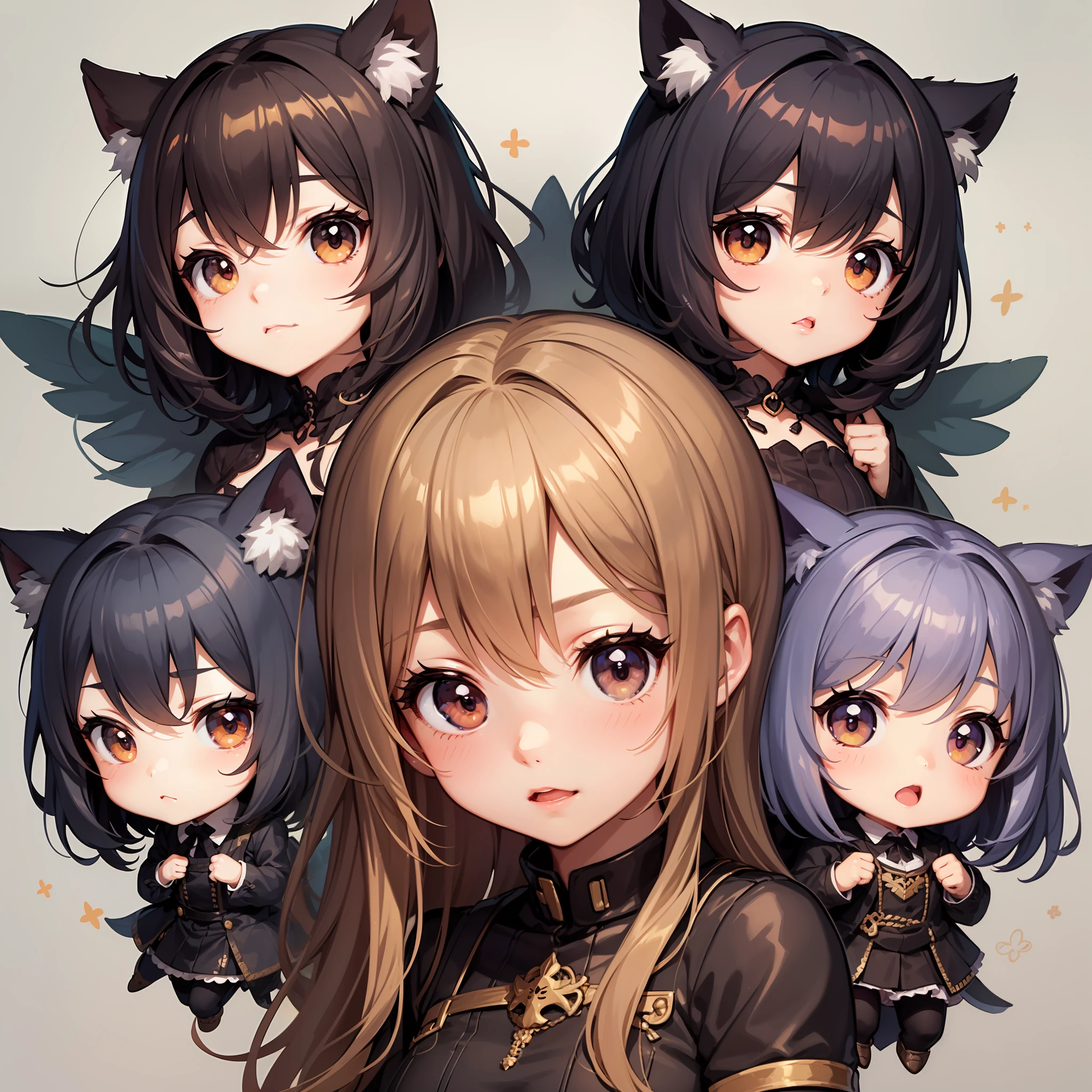 one very cute girl, chibi, chibi character, deformed among many chicks with lazy expressions