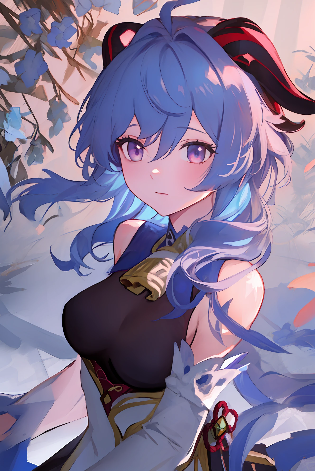 ((1girl, solo)),masterpiece, best quality, portrait, ultra-detail, illustration, close-up, gorgeous background, straight shot, blue hair, purple eyes, ((focus on face)), looking into the distance, forest, sun, wind, butterfly, studio lighting, yokozuwari, tree, lake, sitting, ganyu \(genshin impact\), twin horn, bare shoulder, bodysuit