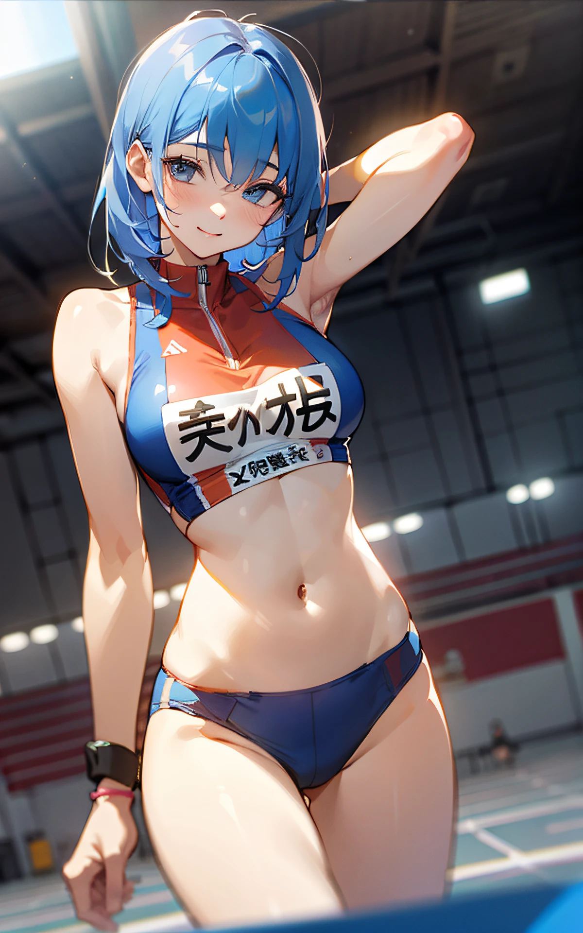 (Original Character、Unity 16K Wallpaper, Masterpiece, Best Quality, Ultra-Detailed, Extremely Detailed CG, Caustics, Cinematic Lighting, Detailed, Beautiful Detailed Eyes, solo), Ultra High Resolution, fine skin, (track and field:1.2) 、(strong light)、oily skin,smile , from front:1.2、(sexy women)、Arena、full body shot、separate、racing bloomers、show off belly,show off neck,sunny day、cowboy shot,blue hair
