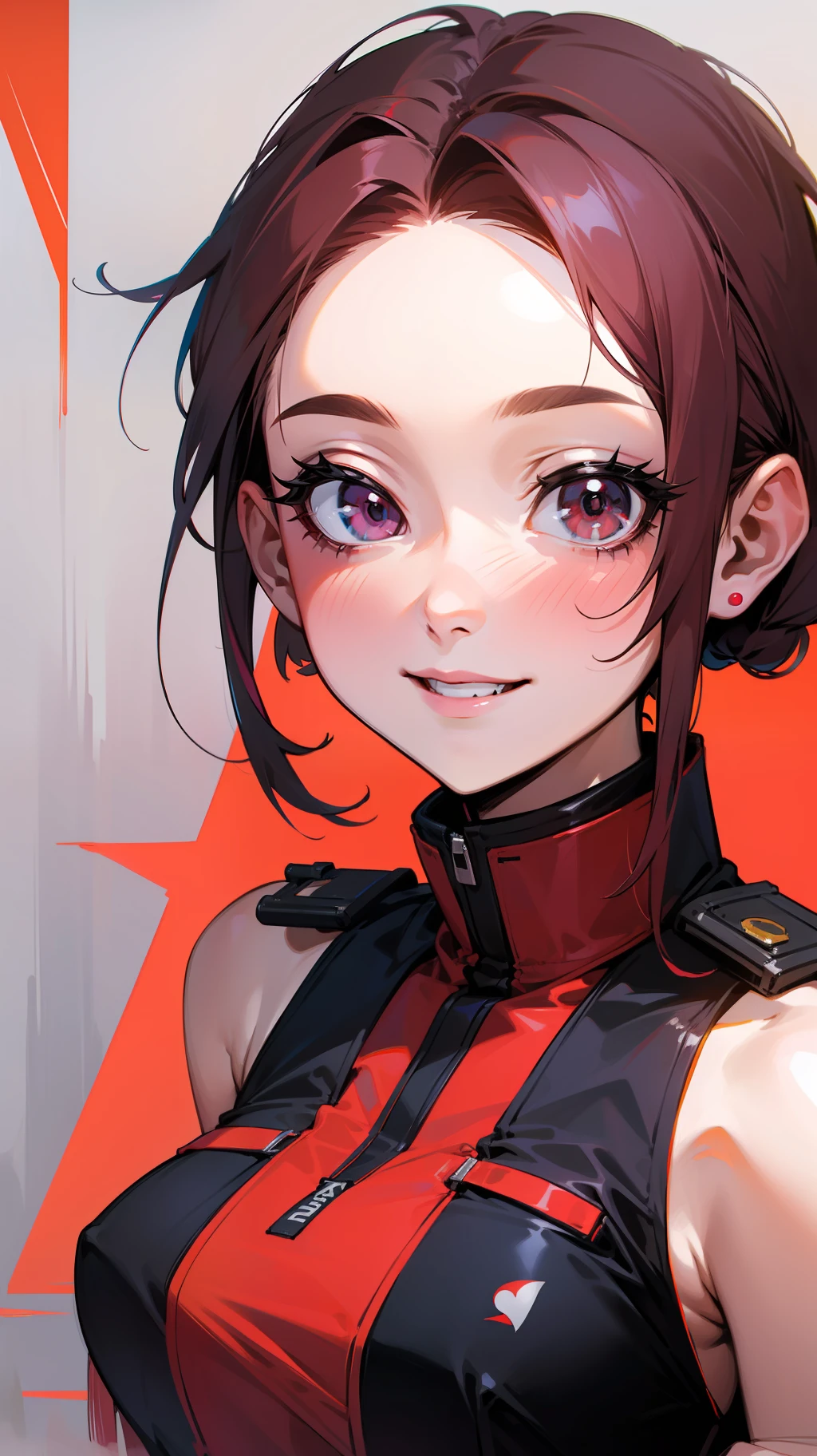 Una chica, traje de piloto, cabello trenzas + color darkred, ojos rojos, sonrisa seductora, sexy