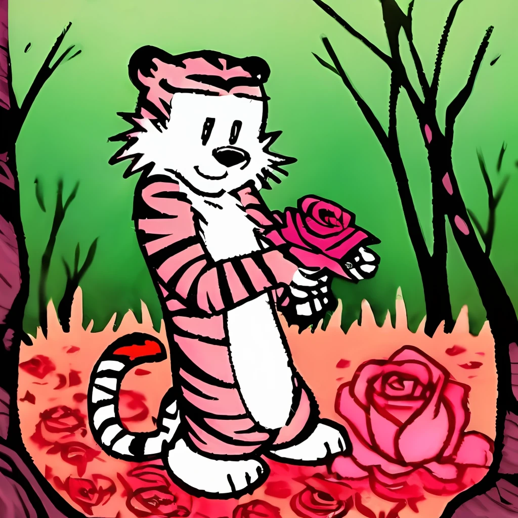 A pink cartoon tiger，Holding a rose in his hand，Art creator