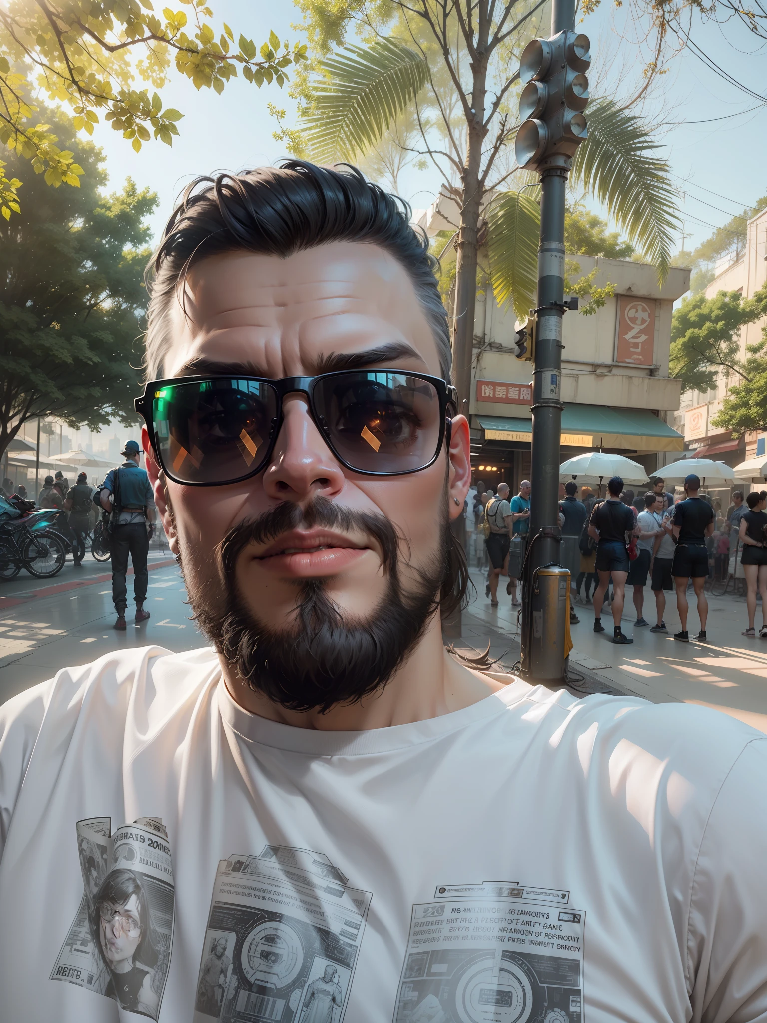 dreamlikeart, Portrait of glasses-free man wearing cyberpunk armor with neon lights posing for a photo, ano 2077, trending in the artstation, trend in CGSociety, Intricate, High Detail, sharp foc, arte de pintura fotorrealista por midjourney e greg rutkowski