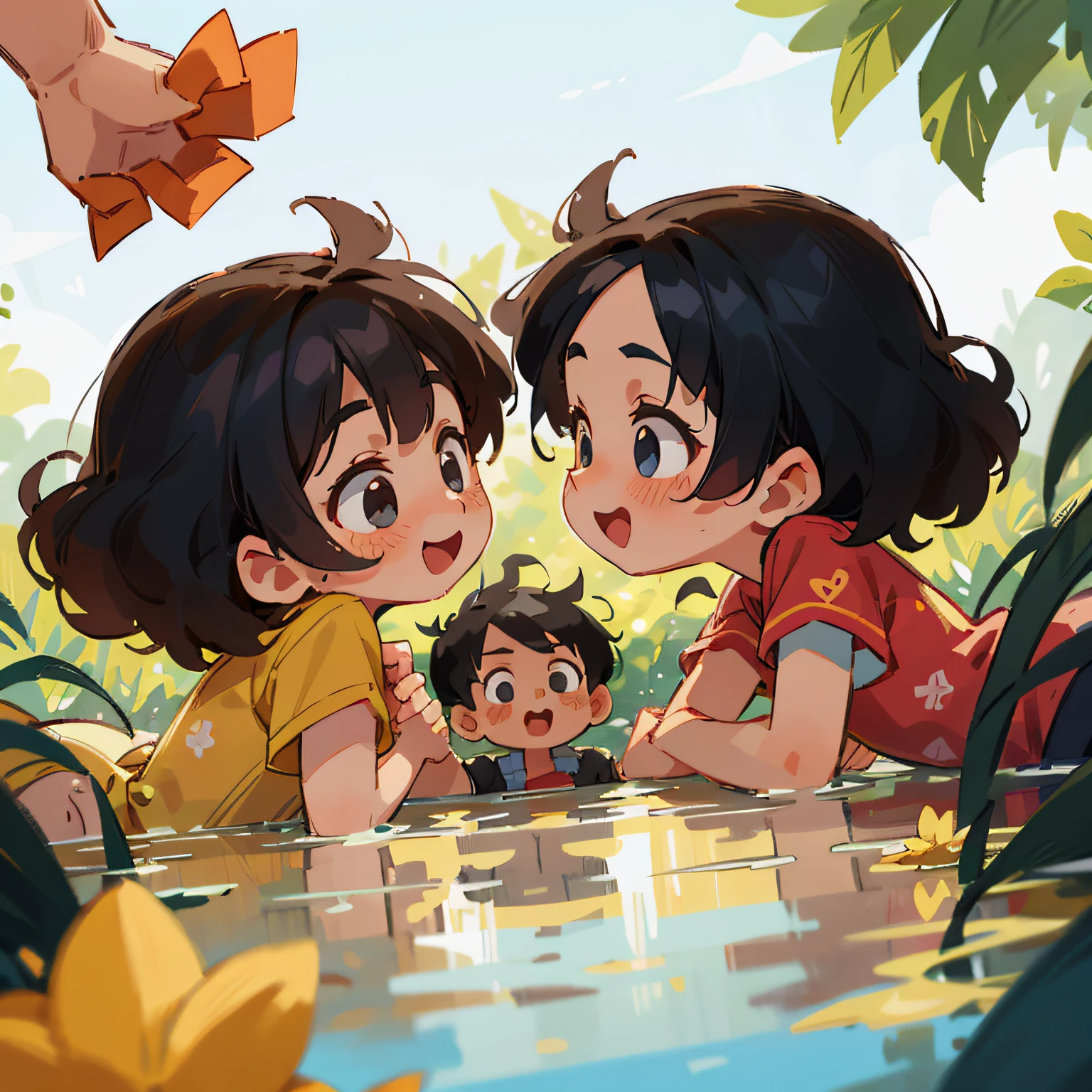 Two women with a little boy，Full of life, Curly black hair, Nice and lovely，finely detailed facial features，Summer，cheerfulness，The background is interspersed with small rivers，Perfect quality，Clear focus，extremely colorful，Perfect face，Complicated details，ultra-low perspective，wide wide shot