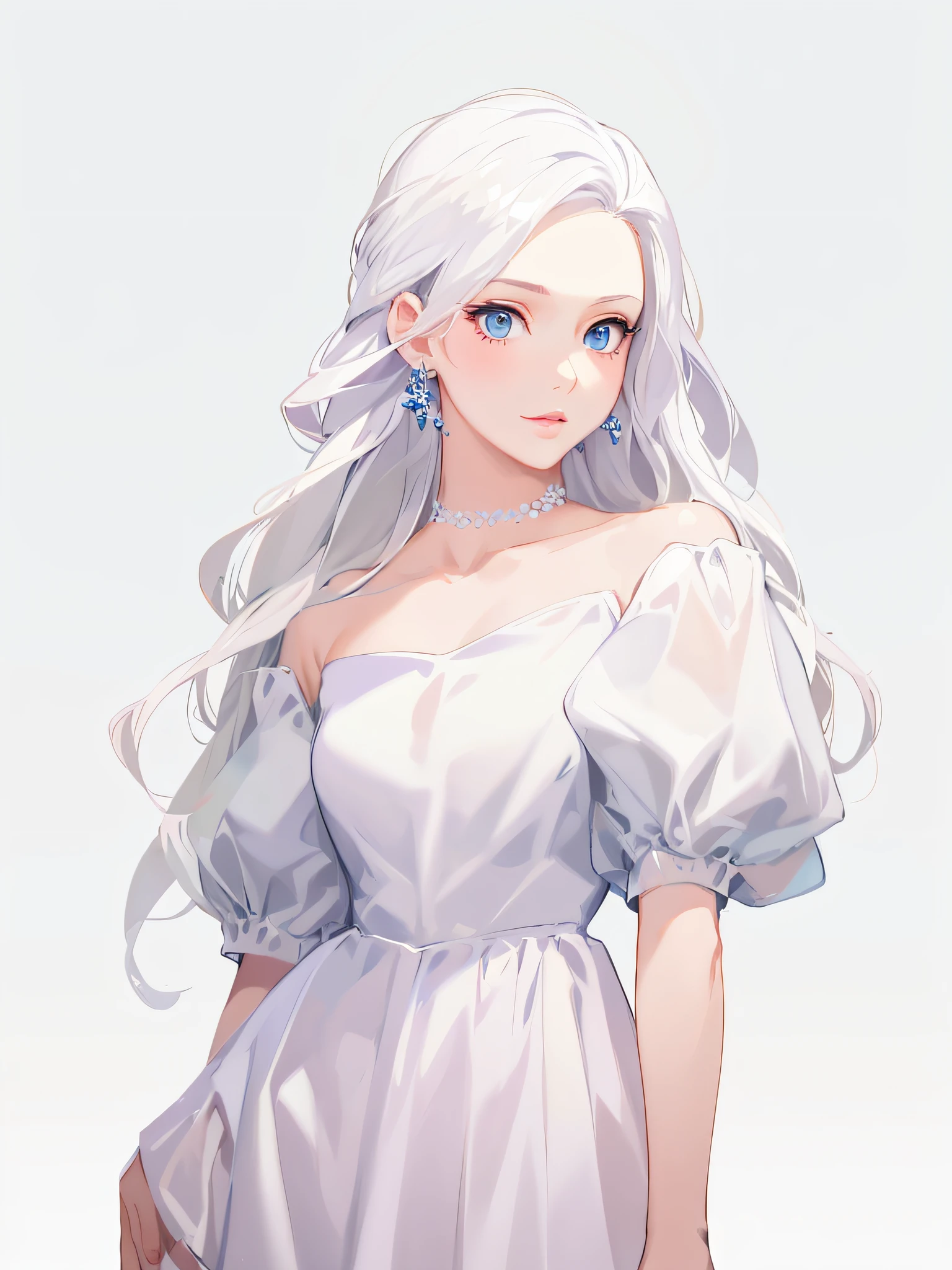 anime - style illustration of a woman in a pastel pink dress with long hair, render of april, artwork in the style of guweiz, in the art style of bowater, girl with white hair, guweiz, tifa lockhart with white hair, render of mirabel madrigal, porcelain white skin, detailed portrait of anime girl, pale snow white skin, grey-blue eyes