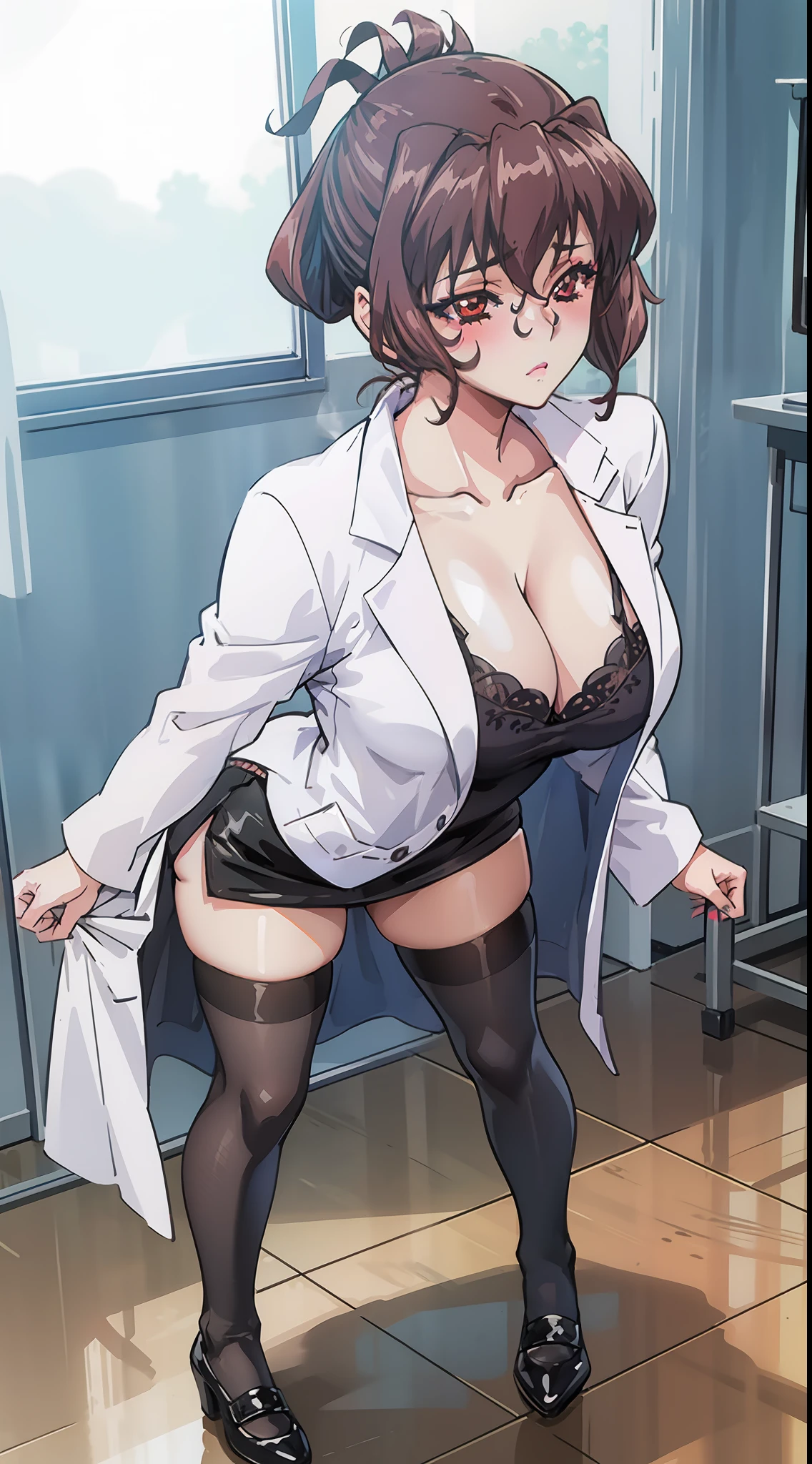 (masterpiece, best quality, semirealistic:1.3), Aiko Katsuragi, mature female, contrapposto, (full body shot:1.05), milf, (curvy:0.9), 1girl, anime face, doctor, labcoat, black lingerie, (thighhighs:1.05), highheels, makeup, large breasts, lipstick, brown eyes, folded ponytail, brown hair, cleavage, perfect body, (athletic body:1.1), perfect eyes, anime eyes, smoky eyeliner, eyeshadow, perfect face, caring face, blush, high sharpness, sharp focus, medical room, professional artwork, intricate details, vivid colors, Diffused lighting, digital blending, ultra detailed body, ultra detail hair, ultra detail face, trending on pixiv,