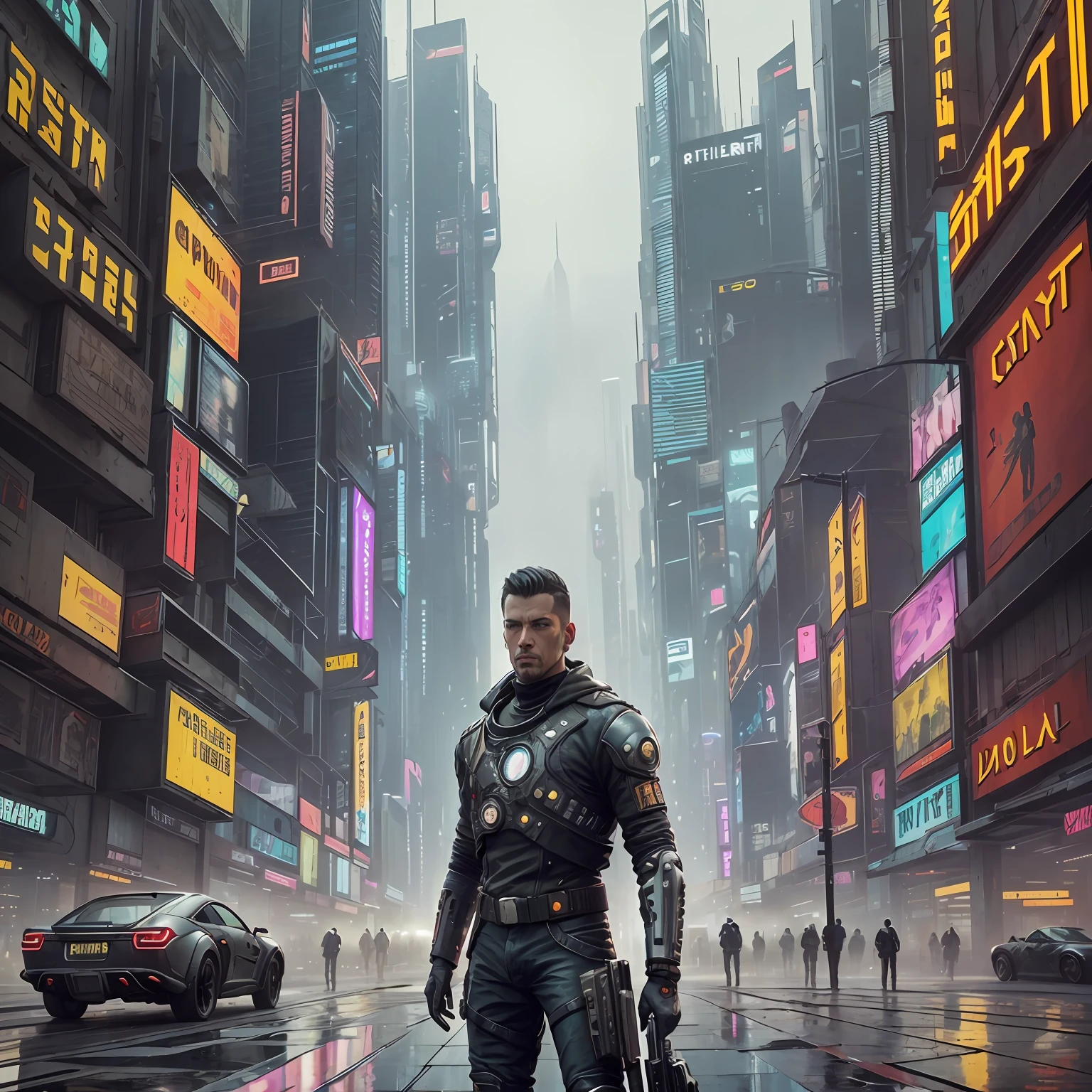 Man in future cyberpunk standing with buildings in the distance, cinematic focused on the man's waist up, He has a gun in his hand that looks like a pen, epic, aventura, tecnologia --auto