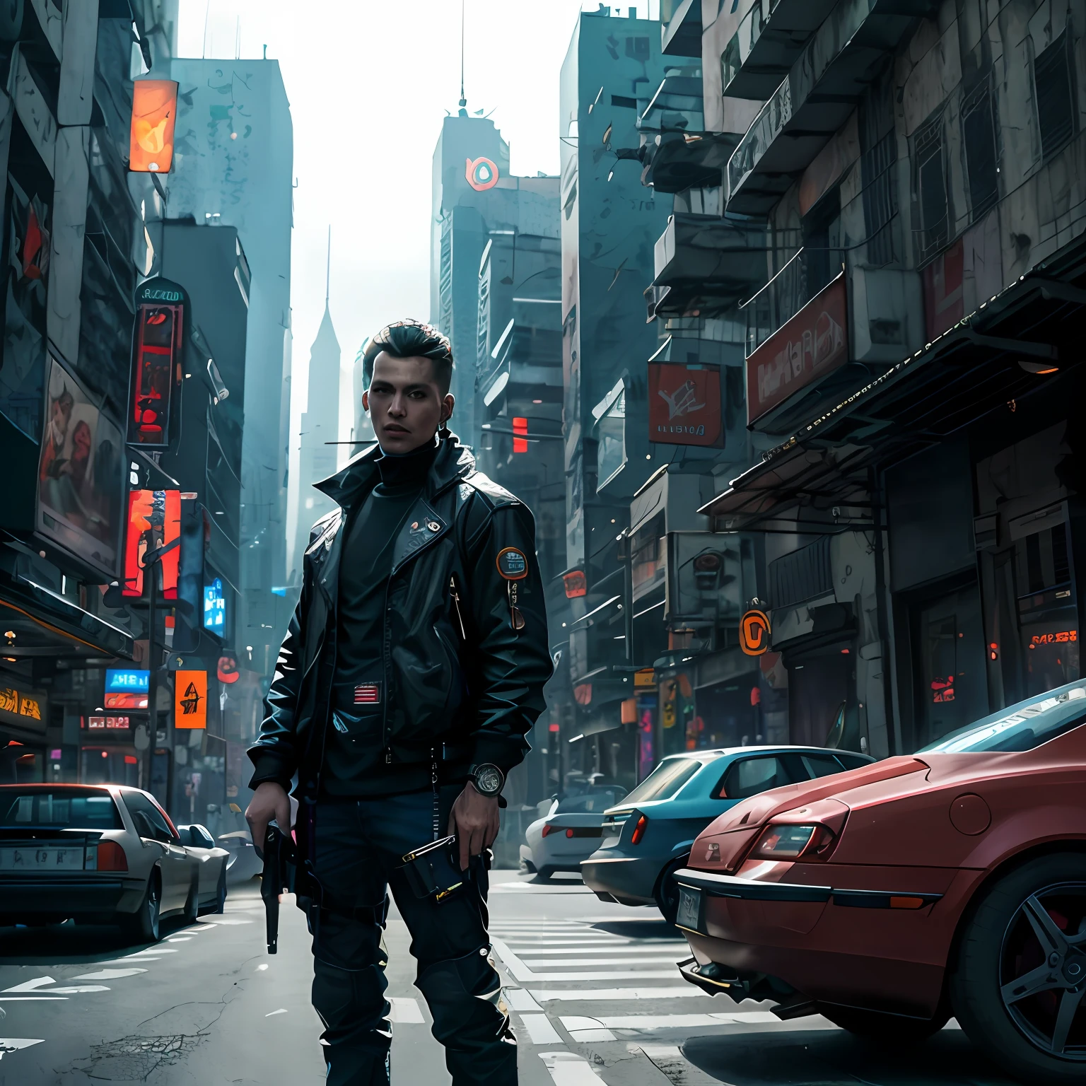 There's a man with a beard standing in the street with a pen gun from the future, em cyberpunk city, Foto cyberpunk, em uma cidade cyberpunk futurista, em uma cidade cyberpunk, cyberpunk em uma cidade cyberpunk, estilo cyberpunk hiper-realista, em uma cidade cyberpunk, em uma cidade cyberpunk, Rua Cyberpunk, arte cyberpunk ultrarrealista 8k, Cyberpunk Rua Goon, estilo de cyberpunk 2 0 7 7