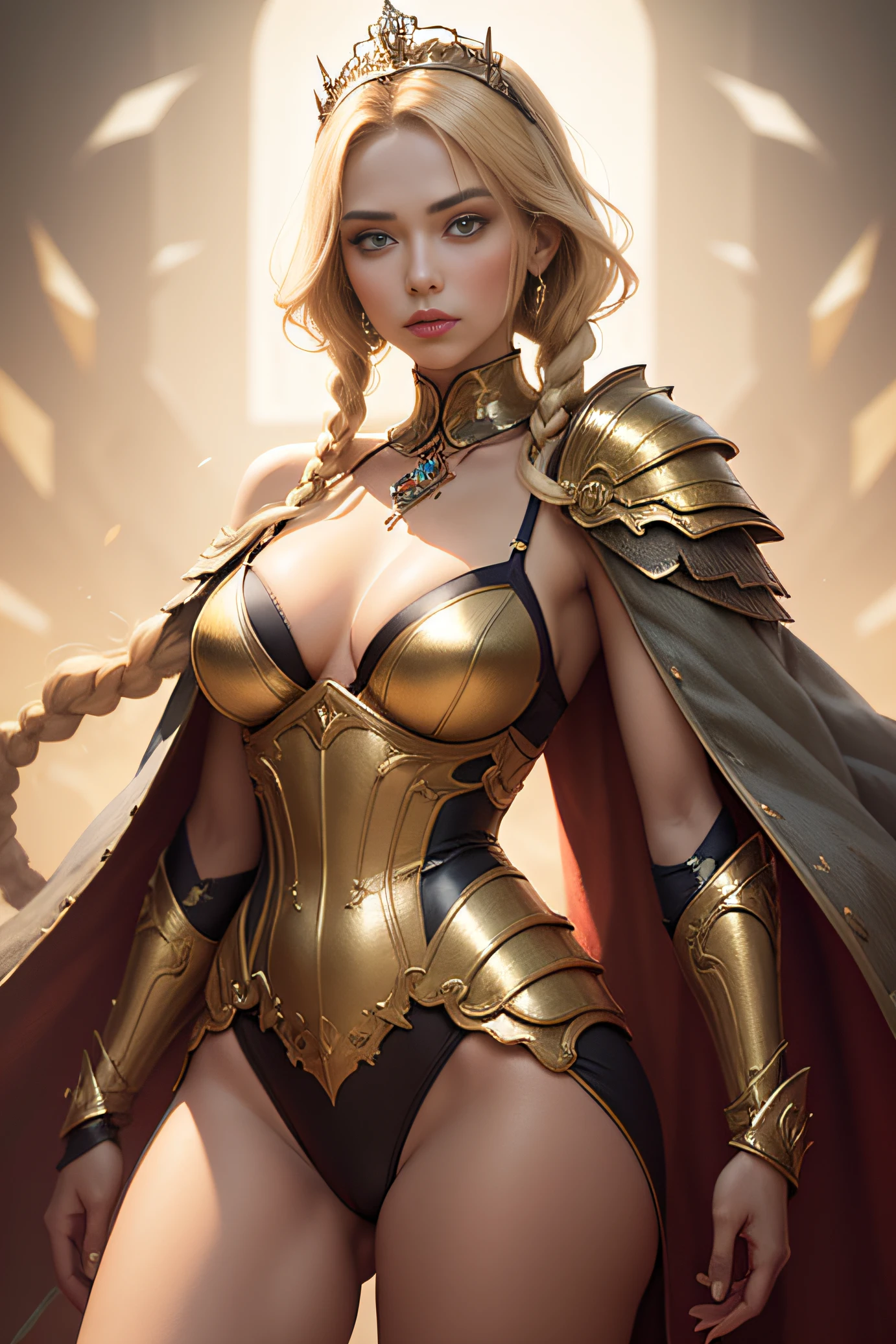 Blonde haired woman with braids, (medieval punk green neckline armor). Bright chrome gold lingerie with sharp reflections. Gems. Bare shoulders. (tiara). Low muscle definition. Beautiful legs. Bare shoulders visible. Detailed lighting. Artwork. Extreme beauty. Clothing with intense colored gradient effect. Professional image with high saturation. Professional camera. Illustration. Vibrant colors. vibrant yellow eyes, thin, fur cape, bright golden eyes, symmetry, intense look, black details on clothes, golden aura