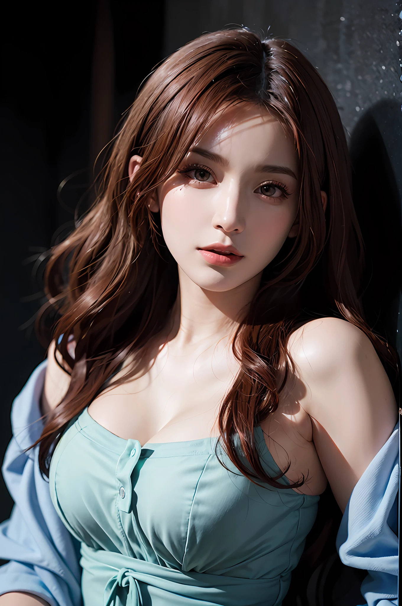 （in the darkness nigth：1.6），Surrealist portraits of women by David Hockney and Alphonse Mucha，Fantasyart，photographrealistic，dynamic  lighting，artstation，a poster for a，Volumetriclighting，Very detailed faces，4 k，Award-Awarded，，1girl，In the dark，deepshadow，lowkey，cowboy lens，（Official clothing：1.4），length hair，Red hair，
