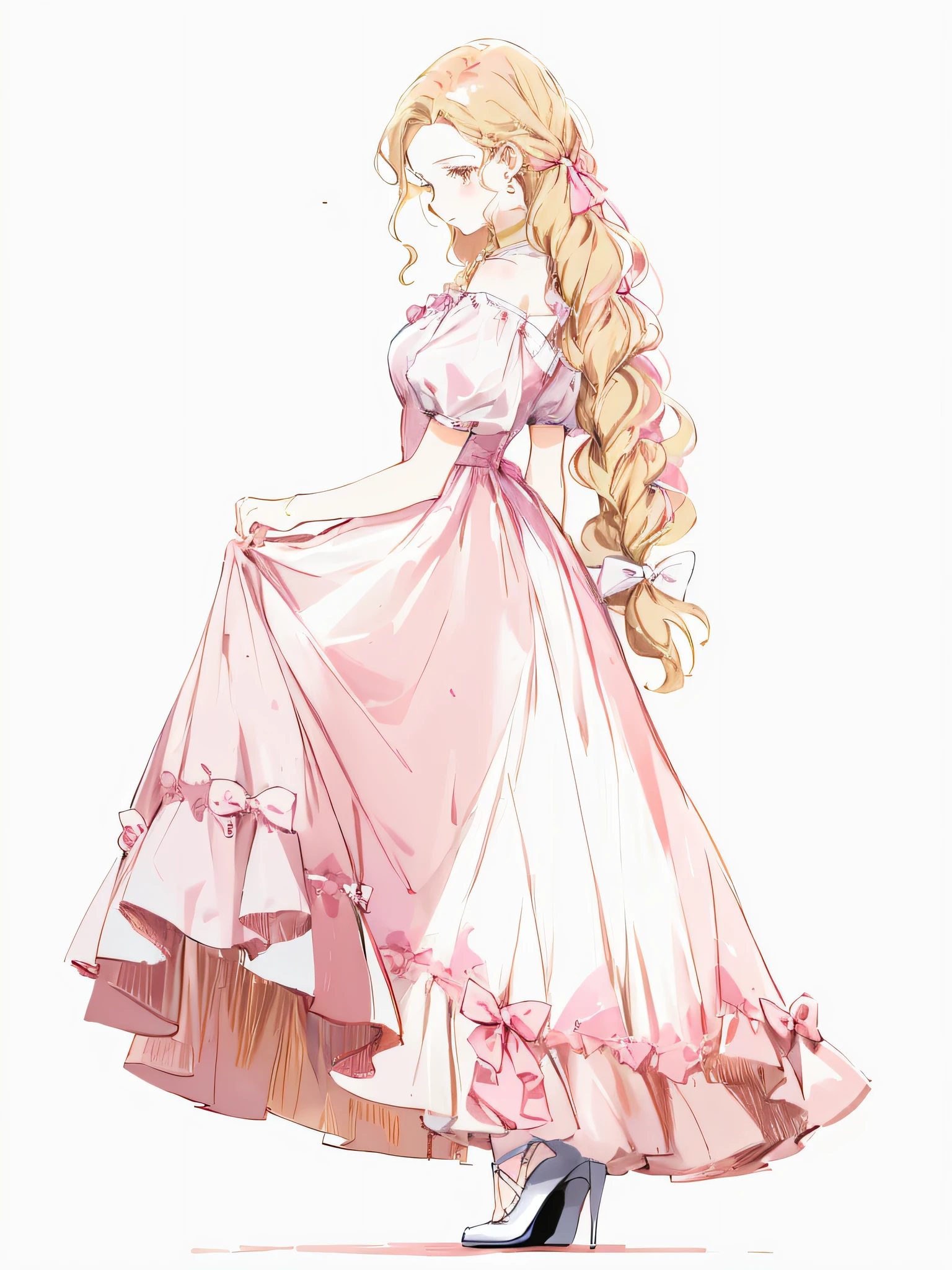 A painting of a woman in a pale pink long dress, background with white,minimalistic background,elegant drawing, Wearing a flowing pale pink dress, traditional drawing style, beautiful drawing style, lineart behance hd, animemanga girl,With long blonde hair, black heels,fair white skin